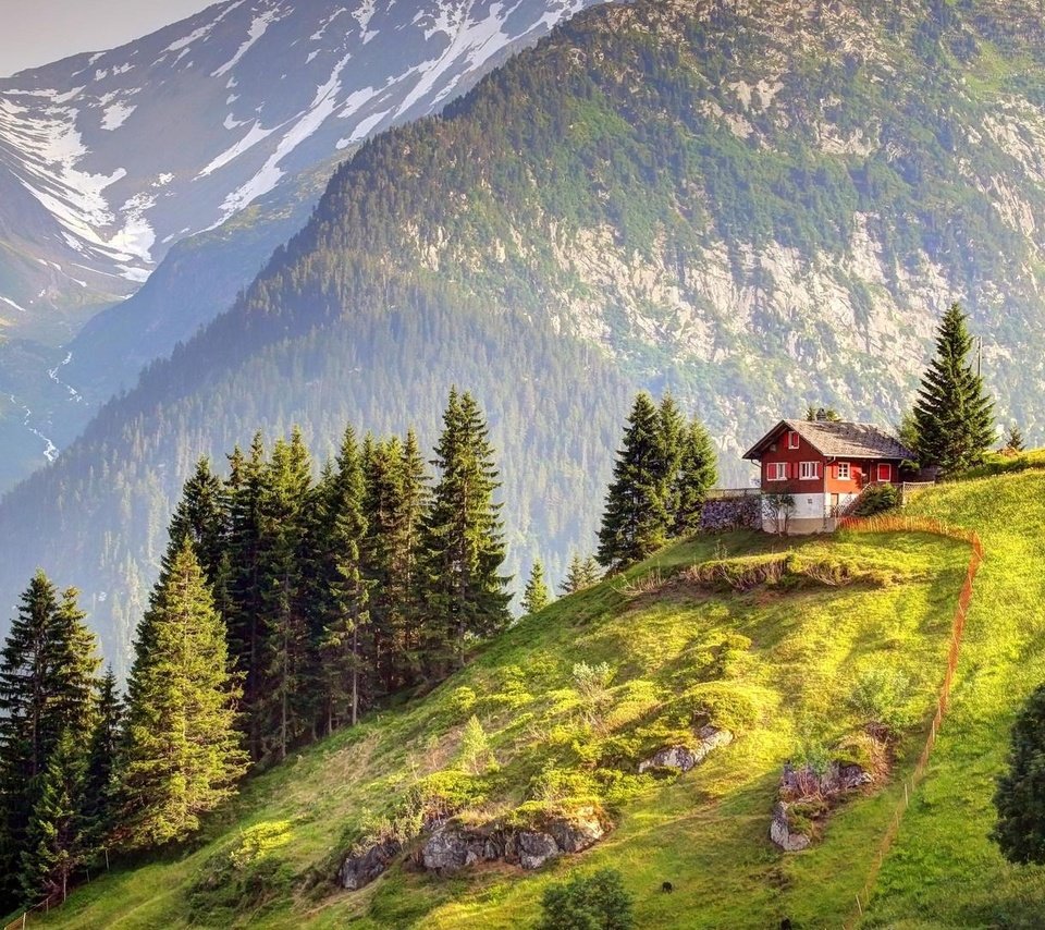 Обои горы, лес, швейцария, домик, альпы, mountains, forest, switzerland, house, alps разрешение 1920x1080 Загрузить