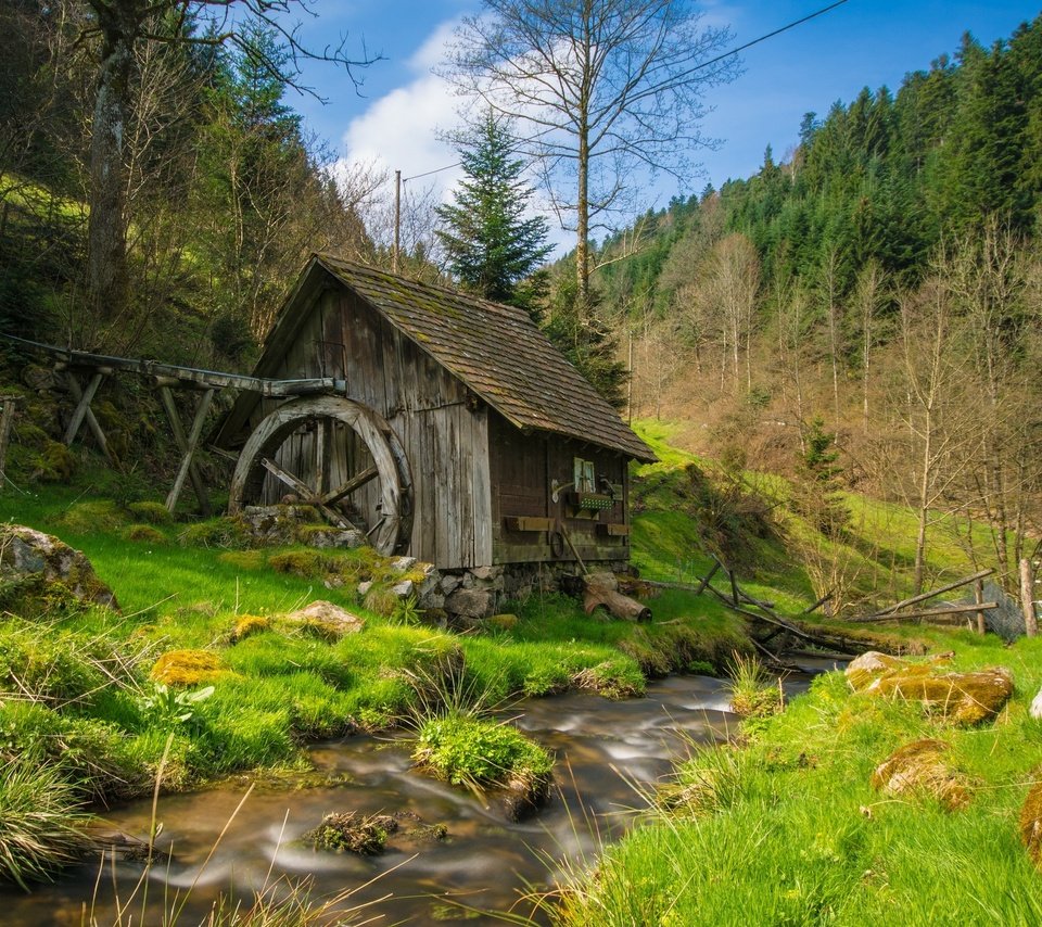 Обои трава, природа, ручей, мельница, водяная мельница, grass, nature, stream, mill, water mill разрешение 3000x2000 Загрузить