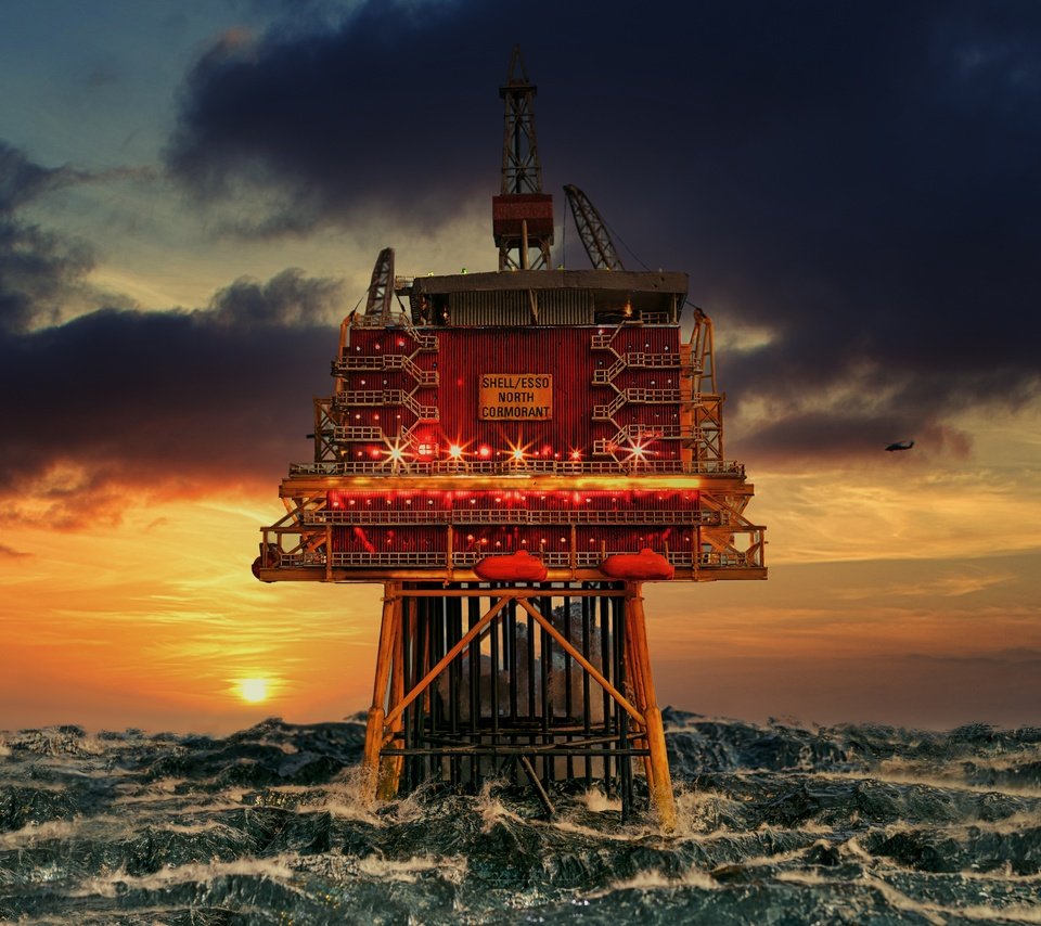 Обои закат, море, шторм, платформа, северное море, sunset, sea, storm, platform, north sea разрешение 6802x4382 Загрузить