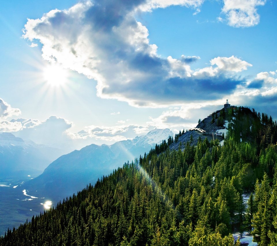 Обои небо, sulphur mountain, гора салфер, природа, лес, пейзаж, гора, высота, канада, национальный парк банф, the sky, nature, forest, landscape, mountain, height, canada, banff national park разрешение 3840x2160 Загрузить