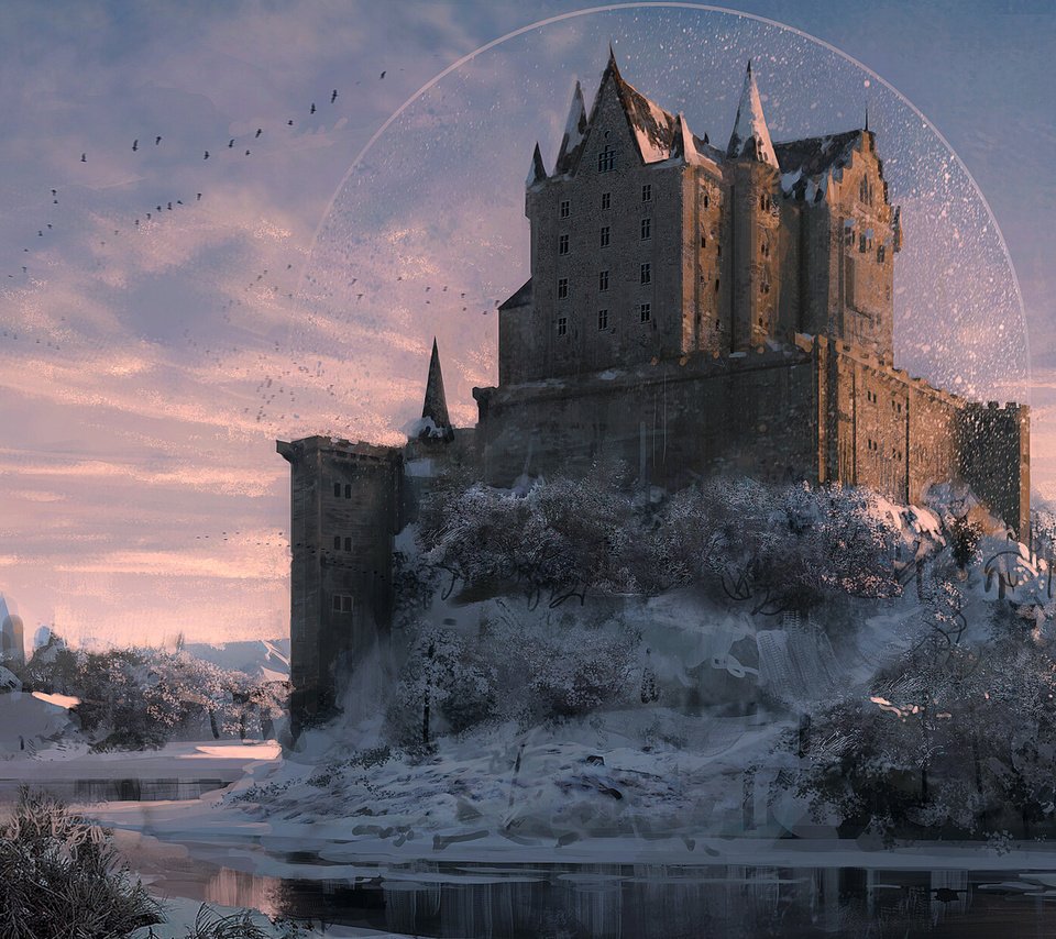 Обои арт, река, зима, замок, птицы, konstantinos skenteridis, art, river, winter, castle, birds разрешение 1920x1232 Загрузить