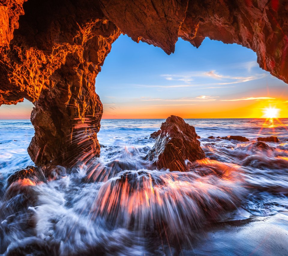 Скачать обои скалы, калифорнийская, закат, el matador state beach, океан  разрешение 960x854 #358098