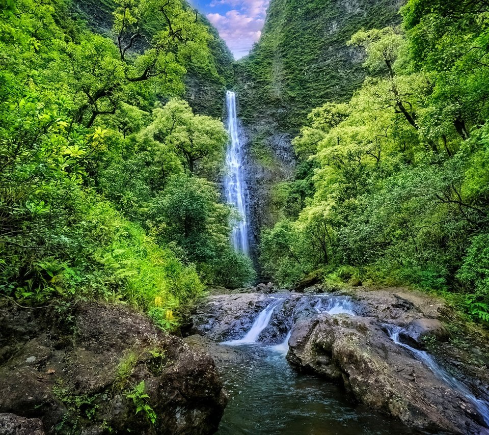 Обои деревья, растительность, горы, обрушивается, скалы, kauai, природа, пейзаж, водопад, речка, гаваи, trees, vegetation, mountains, falls, rocks, nature, landscape, waterfall, river, hawaii разрешение 2048x1366 Загрузить