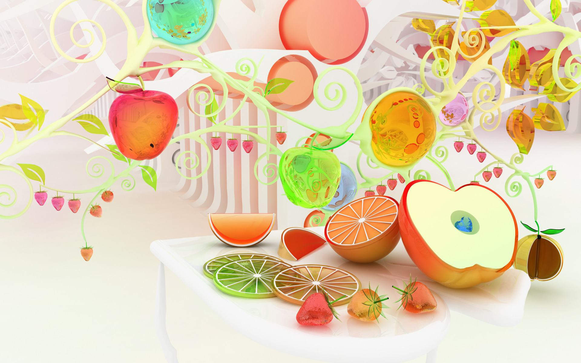 Обои chromatic fruits, разноцветные, фрукты, яблоки, апельсины, клубника, яглды, colorful, fruit, apples, oranges, strawberry, apdi разрешение 1920x1200 Загрузить