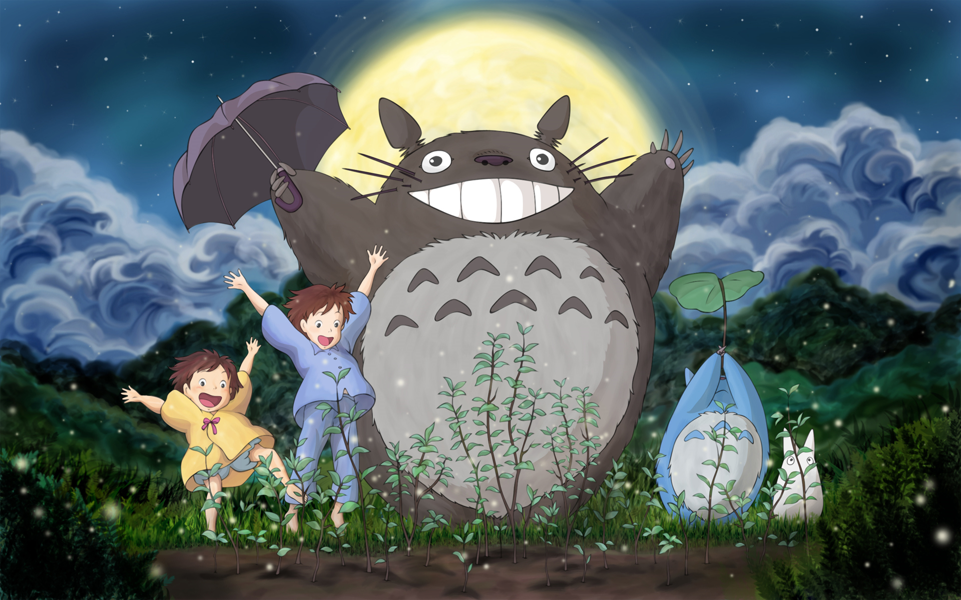 Обои небо, ghibli, мэй, трава, сацуки, облака, лес, луна, тоторо, хаяо миядзаки, мой сосед тоторо, the sky, mei, grass, satsuki, clouds, forest, the moon, totoro, hayao miyazaki, my neighbor totoro разрешение 1920x1200 Загрузить