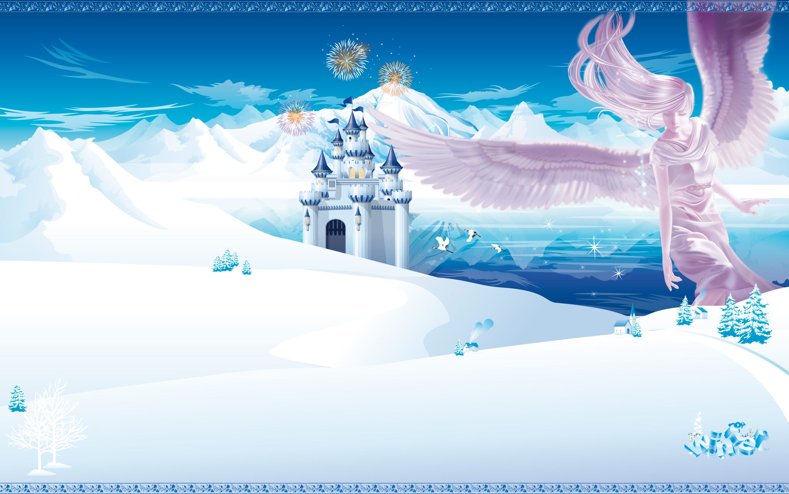 Обои горы, зима, замок, аниме, ангел, mountains, winter, castle, anime, angel разрешение 2557x1600 Загрузить