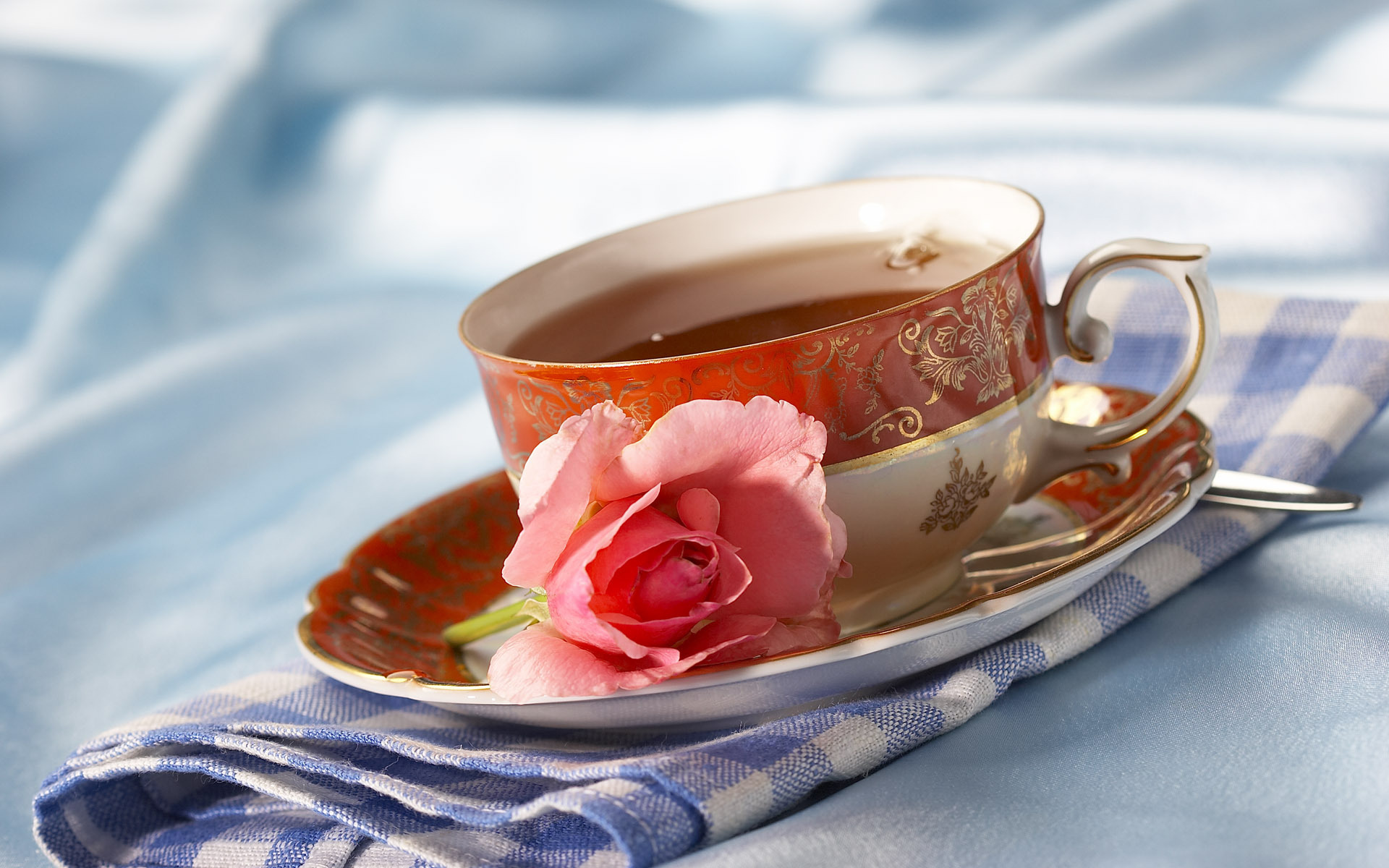 Обои цветок, роза, чашка, чай, салфетка, чаепитие, flower, rose, cup, tea, napkin, the tea party разрешение 1920x1200 Загрузить