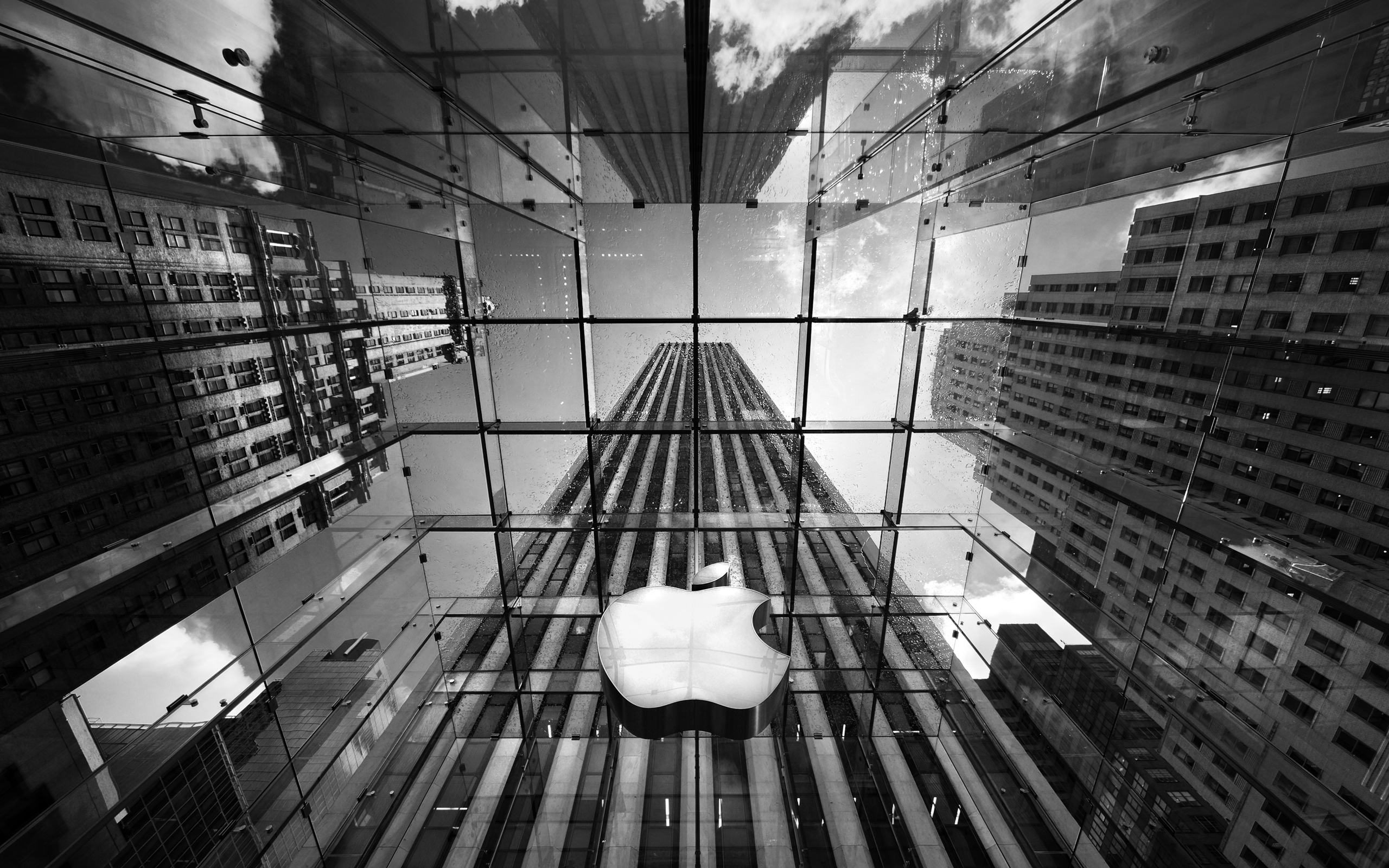 Обои черно-белая, небоскребы, логотип, эппл, black and white, skyscrapers, logo, apple разрешение 2560x1600 Загрузить