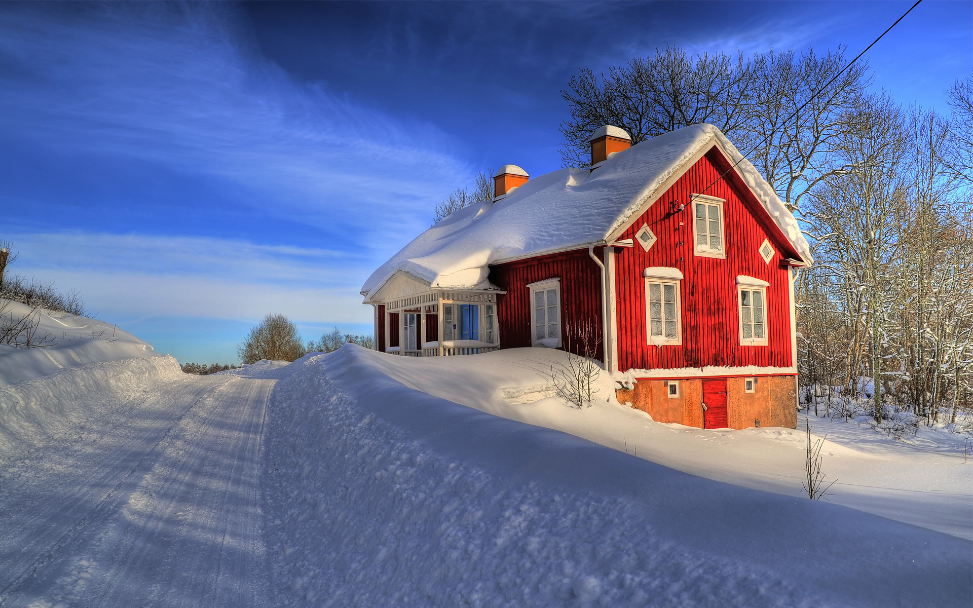 Обои дорога, снег, зима, дом, road, snow, winter, house разрешение 1920x1200 Загрузить