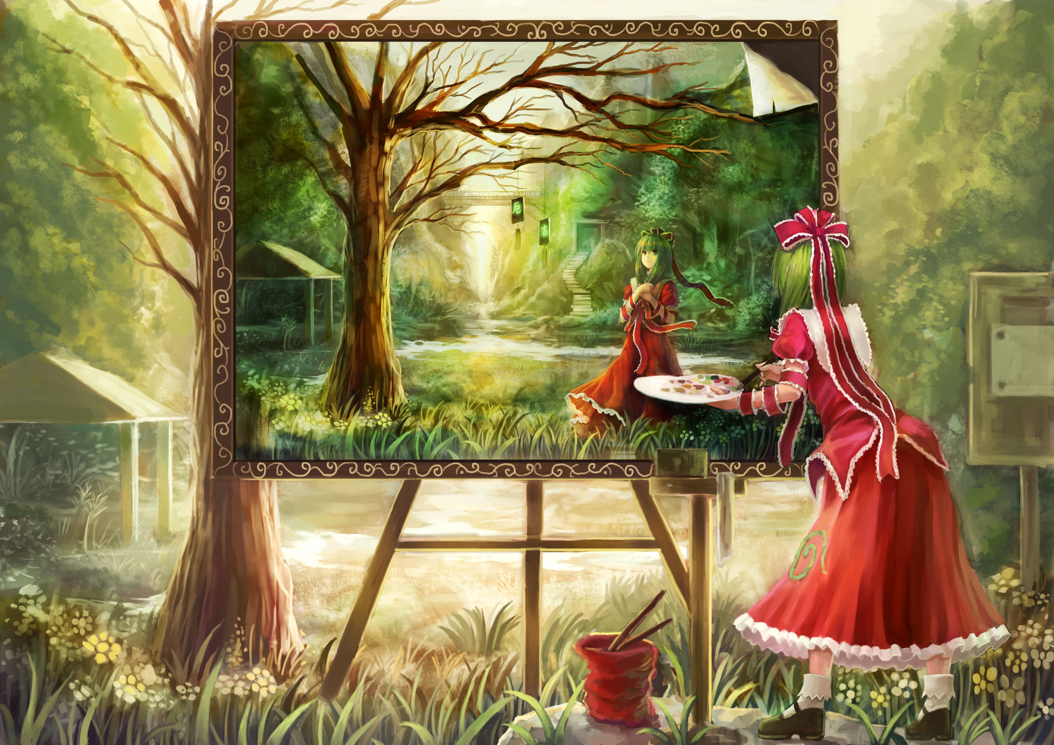 Обои картина, пейзаж, платье, краски, kagiyama hina, oto taku, рисует, picture, landscape, dress, paint, draws разрешение 3508x2480 Загрузить