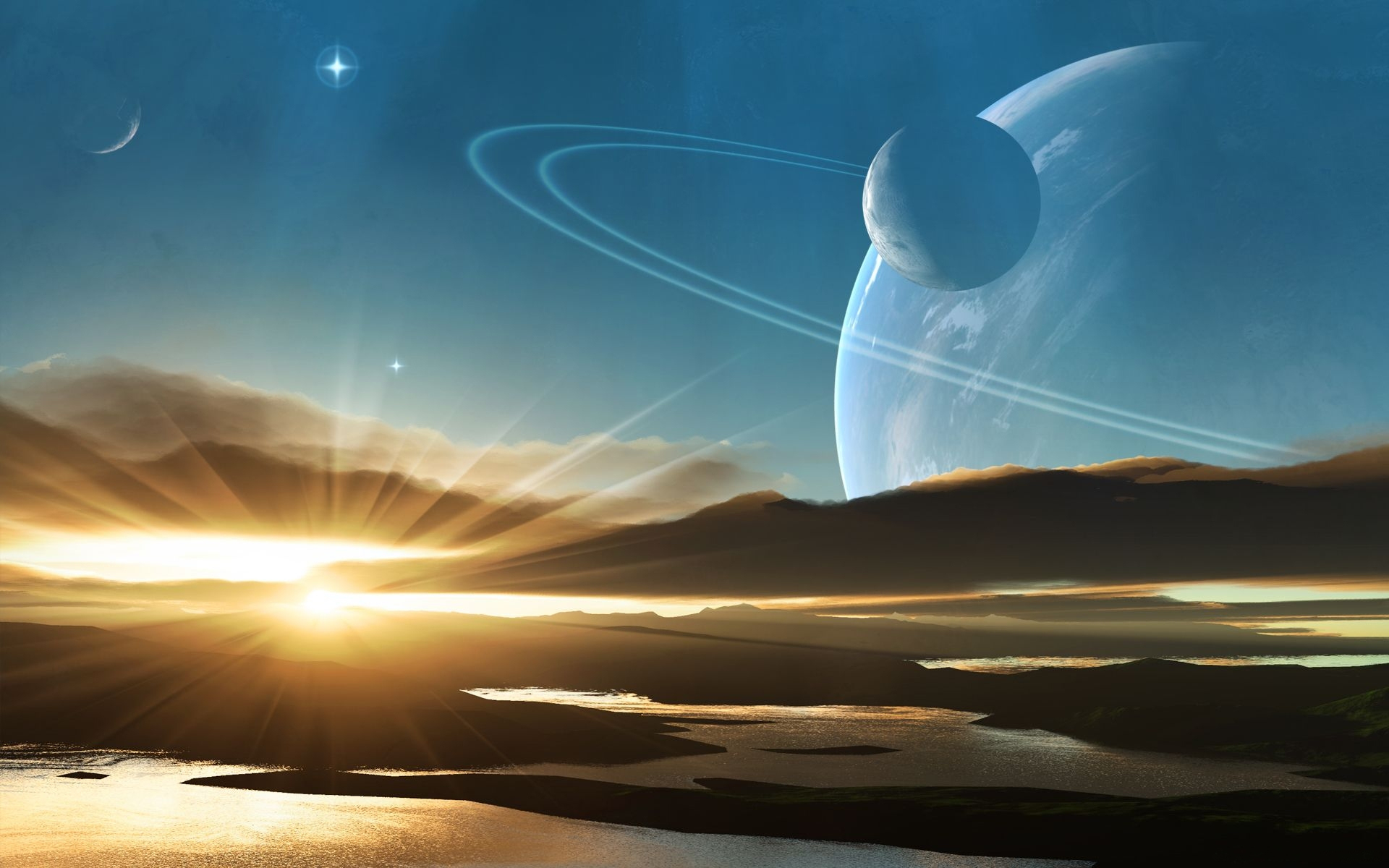 Обои Восход солнца над планетой картинки на рабочий стол на тему Космос - скачать без смс