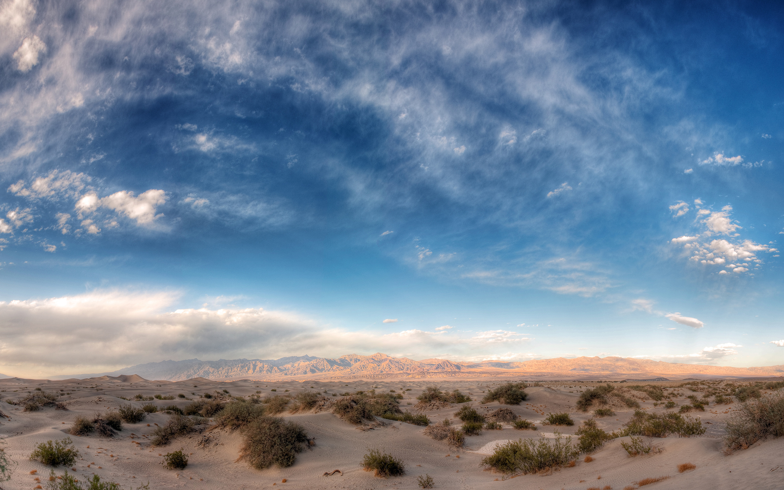 Обои небо, трава, облака, горы, песок, поле, пустыня, the sky, grass, clouds, mountains, sand, field, desert разрешение 2560x1600 Загрузить