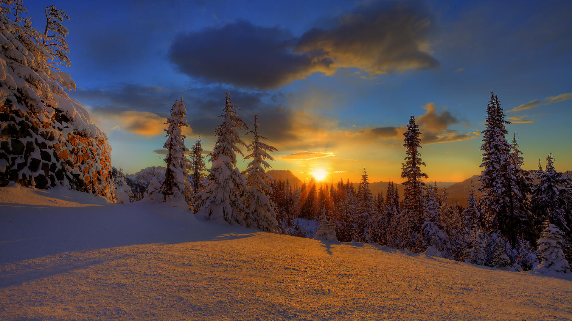 Обои небо, елки, облака, снег, природа, лес, закат, зима, красота, the sky, tree, clouds, snow, nature, forest, sunset, winter, beauty разрешение 1920x1080 Загрузить