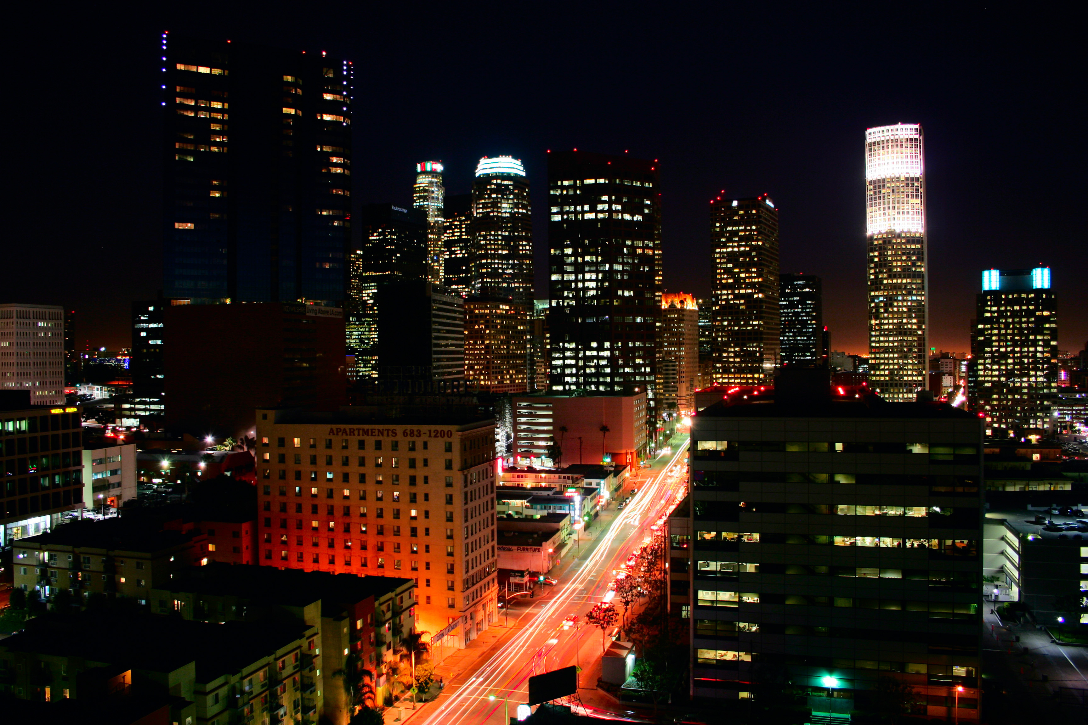 Обои ночь, огни, здания, лос-анджелес, лос анджелес, night, lights, building, los angeles разрешение 3456x2304 Загрузить