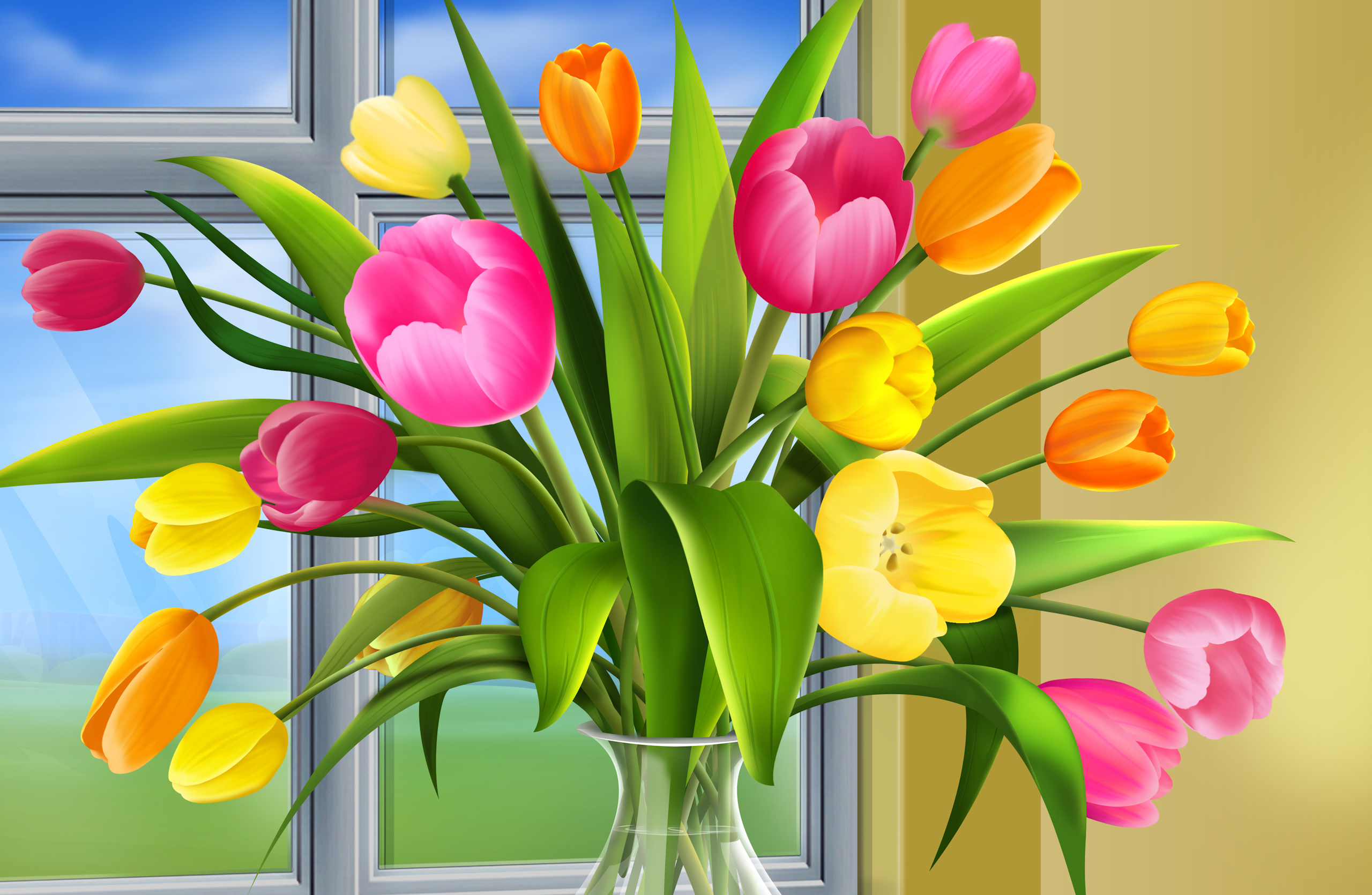 Обои тюльпаны, окно, ваза, tulips, window, vase разрешение 2560x1670 Загрузить