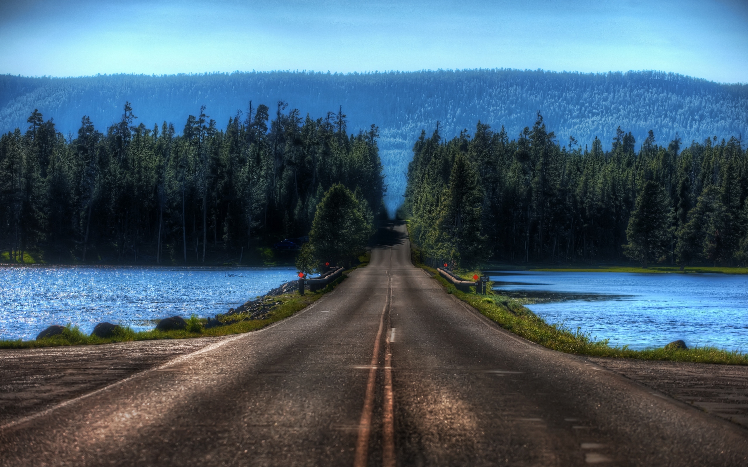 Обои дорога, озеро, лес, переправа, блюр, road, lake, forest, crossing, blur разрешение 2560x1600 Загрузить