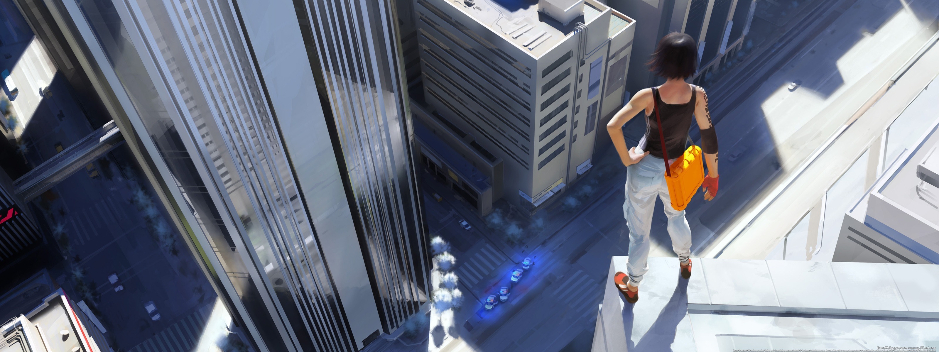 Обои девушка, высота, небоскрёб, mirrors edge, girl, height, skyscraper разрешение 3200x1200 Загрузить