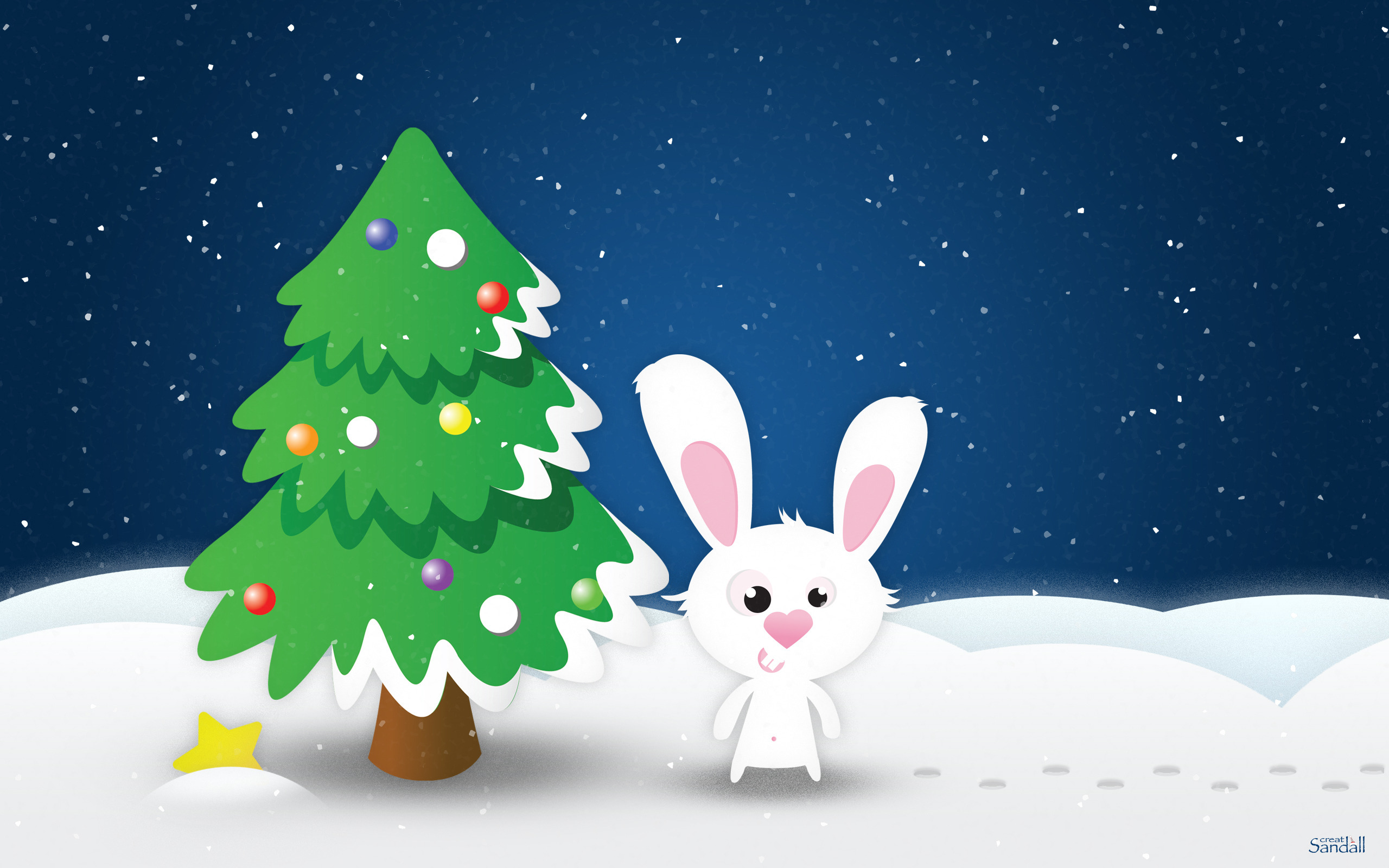 Обои снег, новый год, елка, звезда, кролик, заяц, snow, new year, tree, star, rabbit, hare разрешение 2560x1600 Загрузить