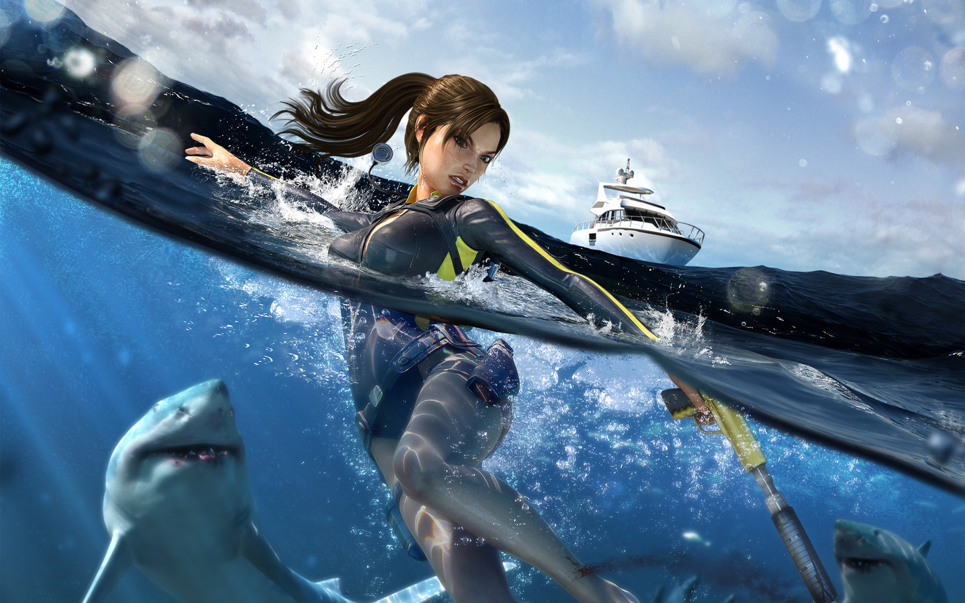 Обои вода, яхта, акула, лара крофт, tomb raider underworld, water, yacht, shark, lara croft разрешение 1920x1200 Загрузить