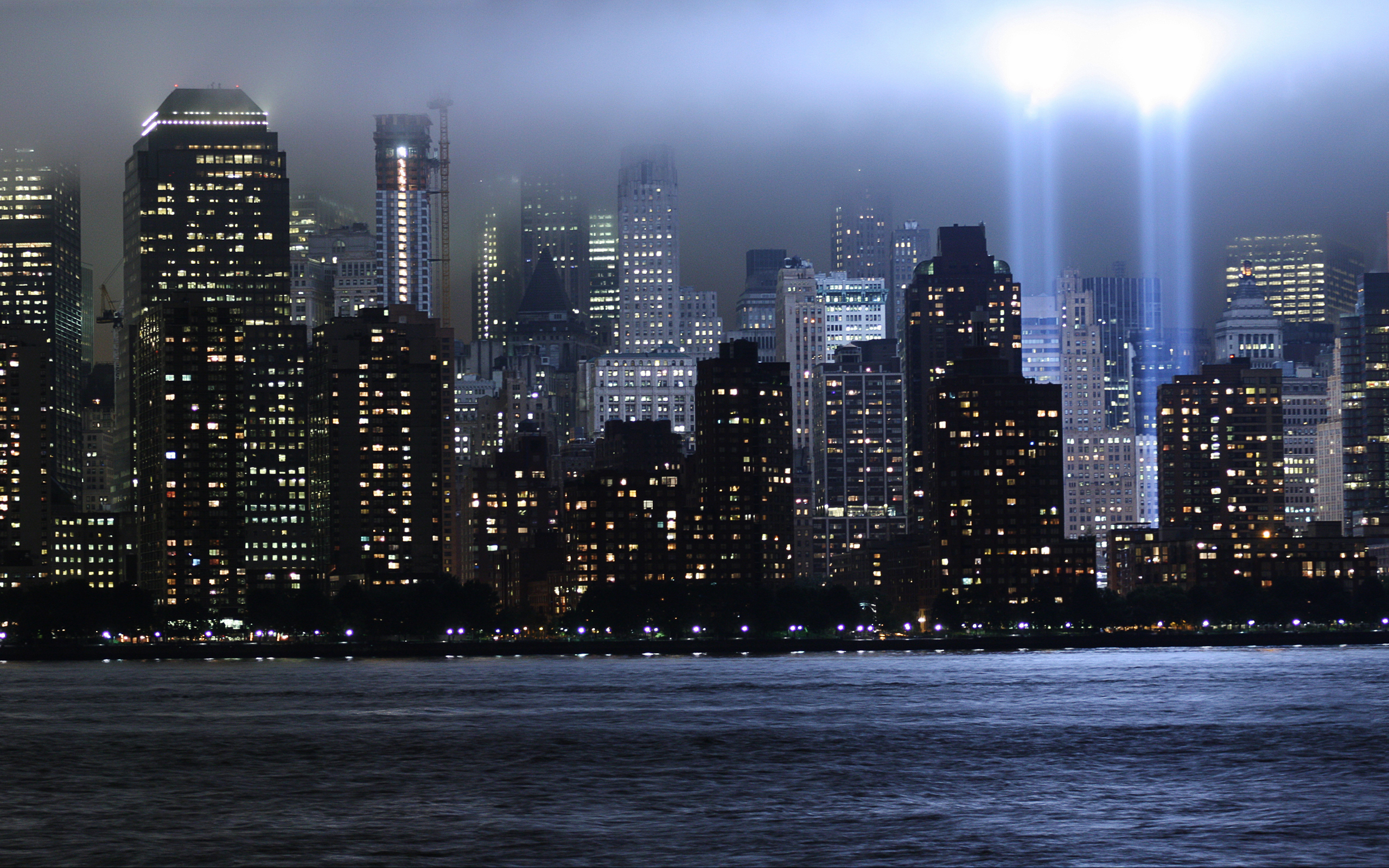 Обои свет, лучи, небоскребы, нью-йорк, wtc, всемирный торговый центр, мемориал, light, rays, skyscrapers, new york, world trade center, memorial разрешение 2560x1600 Загрузить