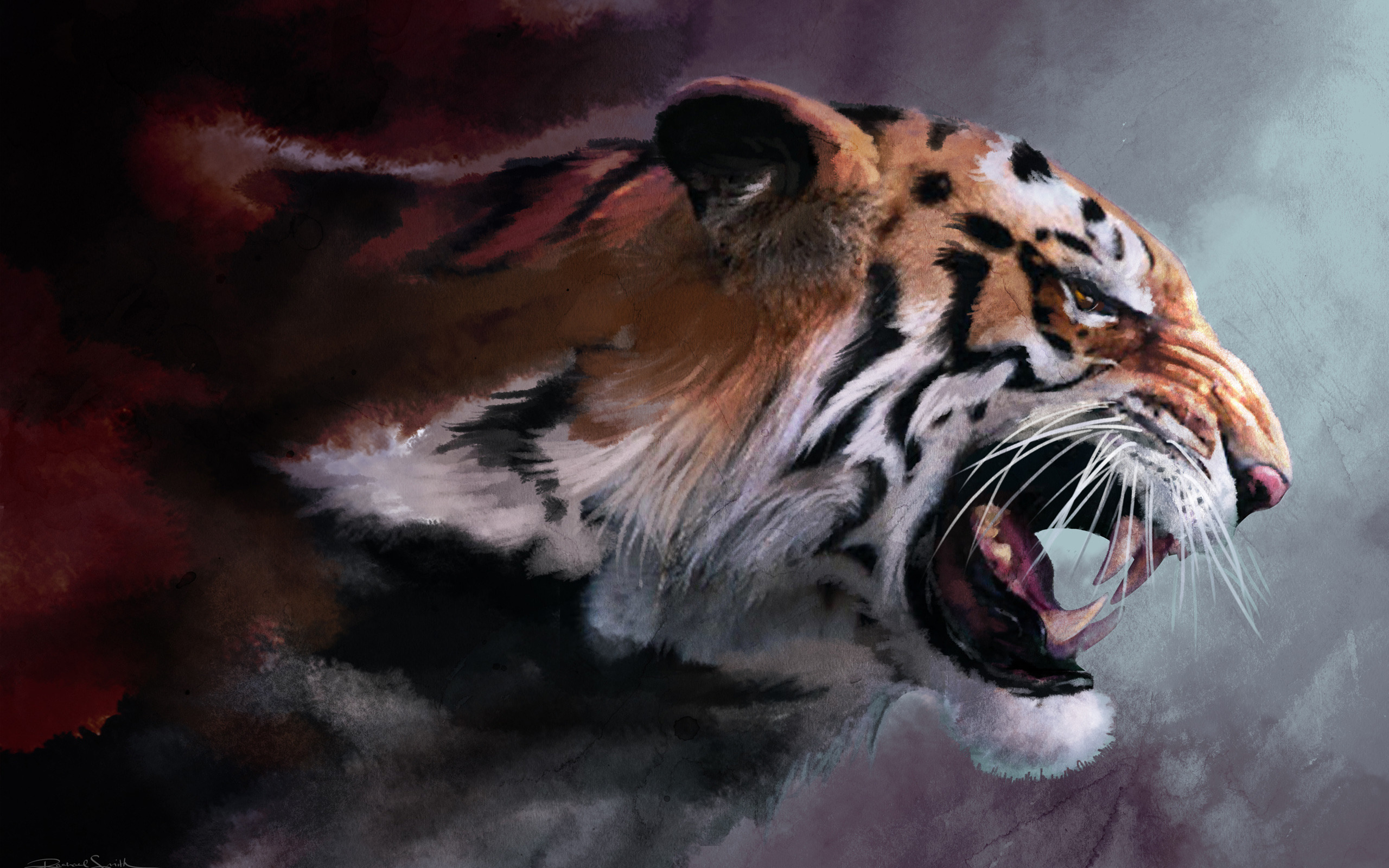 Скачать обои тигр, рисунок, кошка, ярость, клыки разрешение 2560x1440 #10732