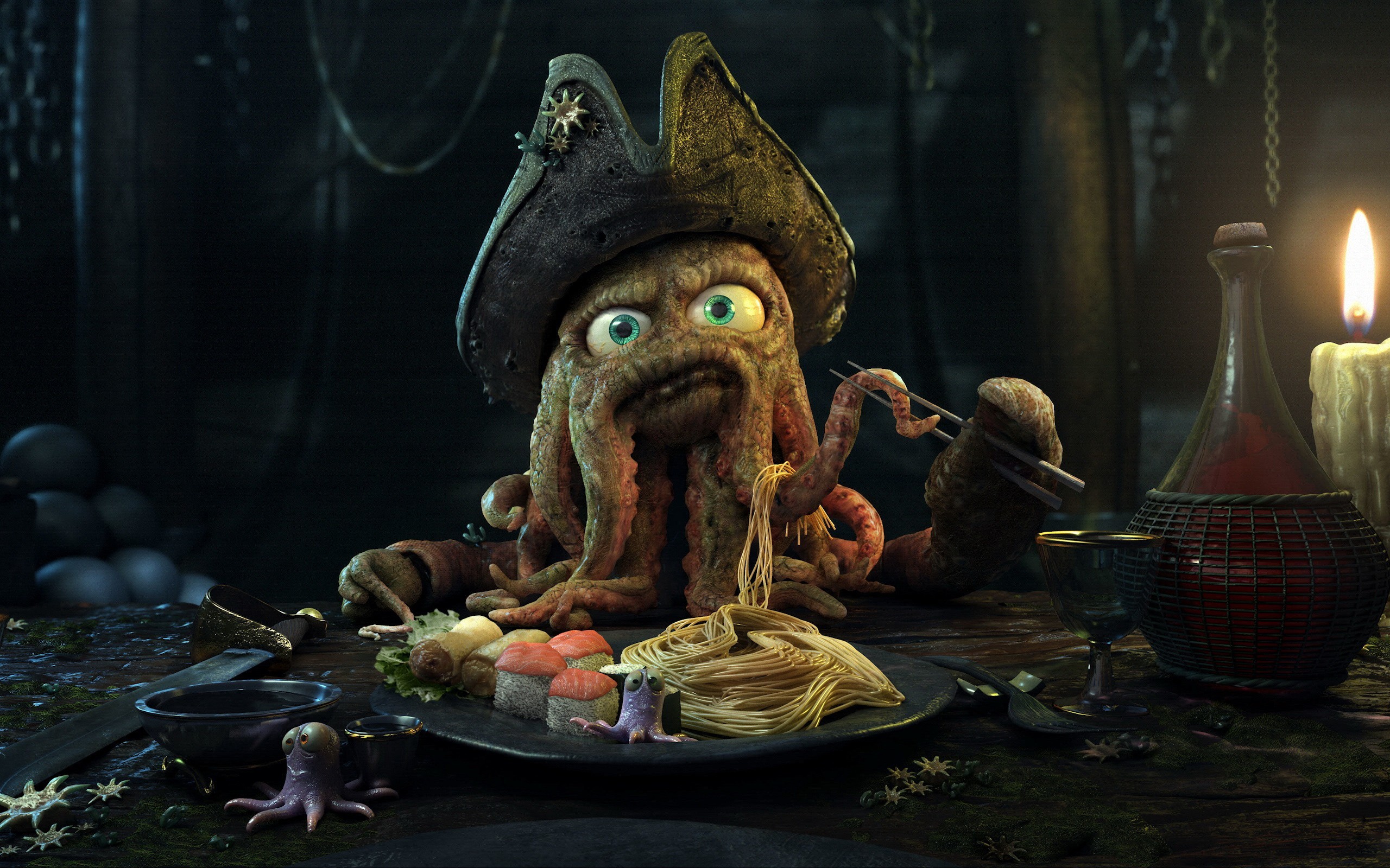 Обои осьминог, капитан, ужин, octopus, captain, dinner разрешение 2560x1600 Загрузить