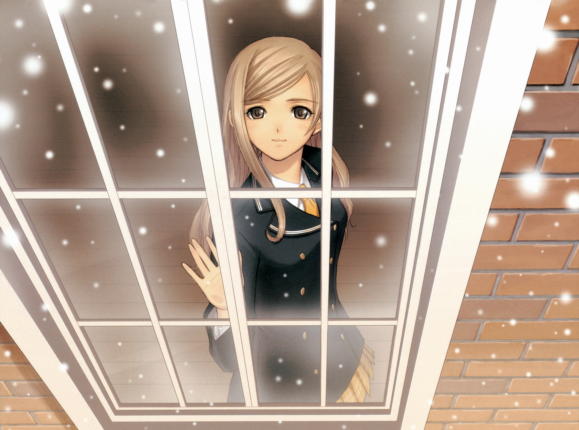 Обои снег, зима, аниме, окно. девушка, snow, winter, anime, window. girl разрешение 2006x1491 Загрузить