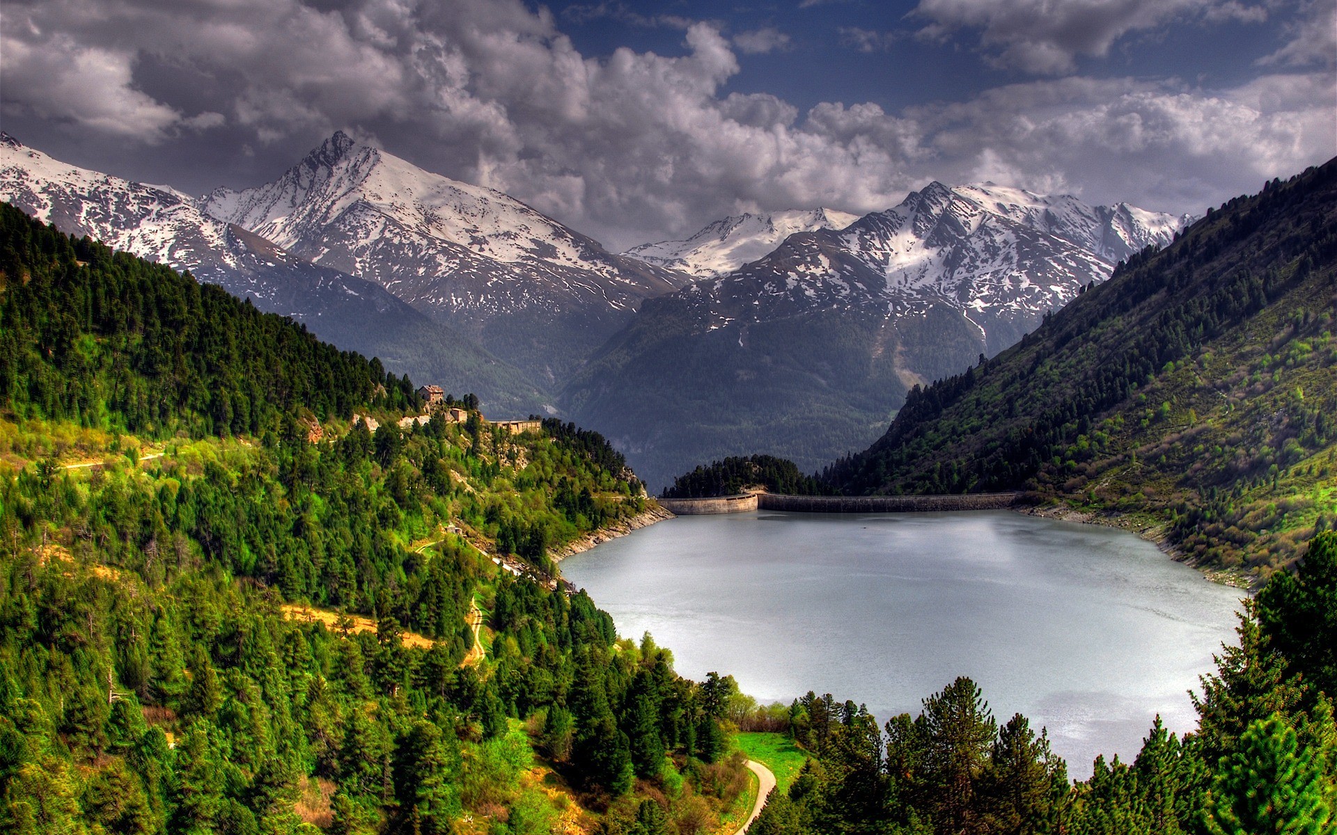 Обои горы, плотина, водохранилище, mountains, dam, reservoir разрешение 1920x1200 Загрузить