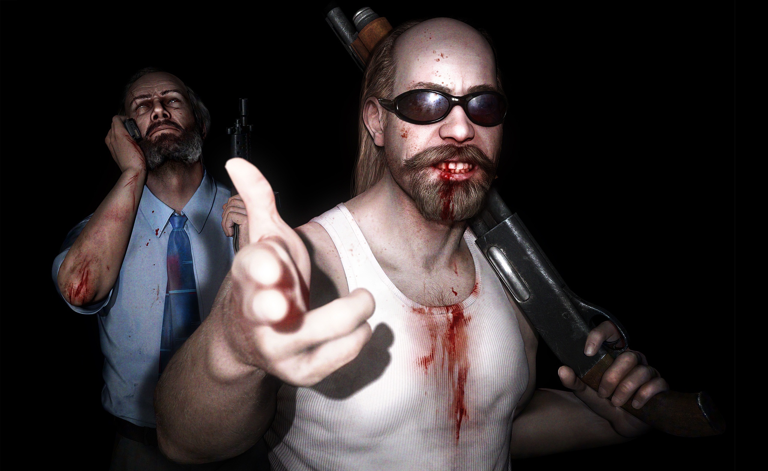 Обои свет, оружие, кровь, очки, жест, kane and lynch, light, weapons, blood, glasses, gesture разрешение 2560x1570 Загрузить