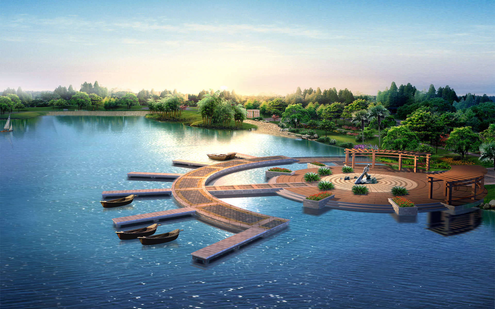 Водная система озер. Благоустройство озера. Парк на воде. Современные парки. Площадка у пруда.