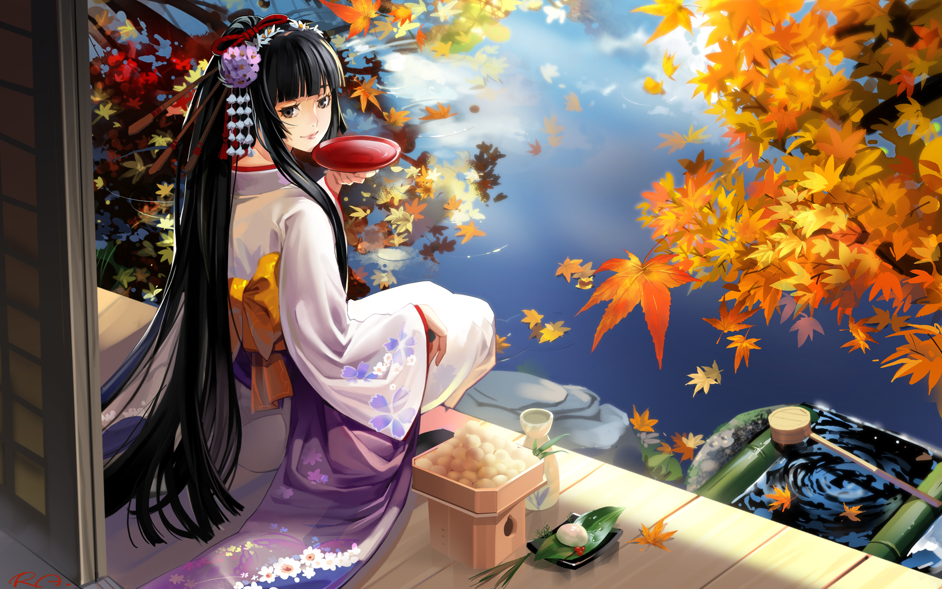 Обои озеро, девушка, осень, гейша, lake, girl, autumn, geisha разрешение 1920x1200 Загрузить