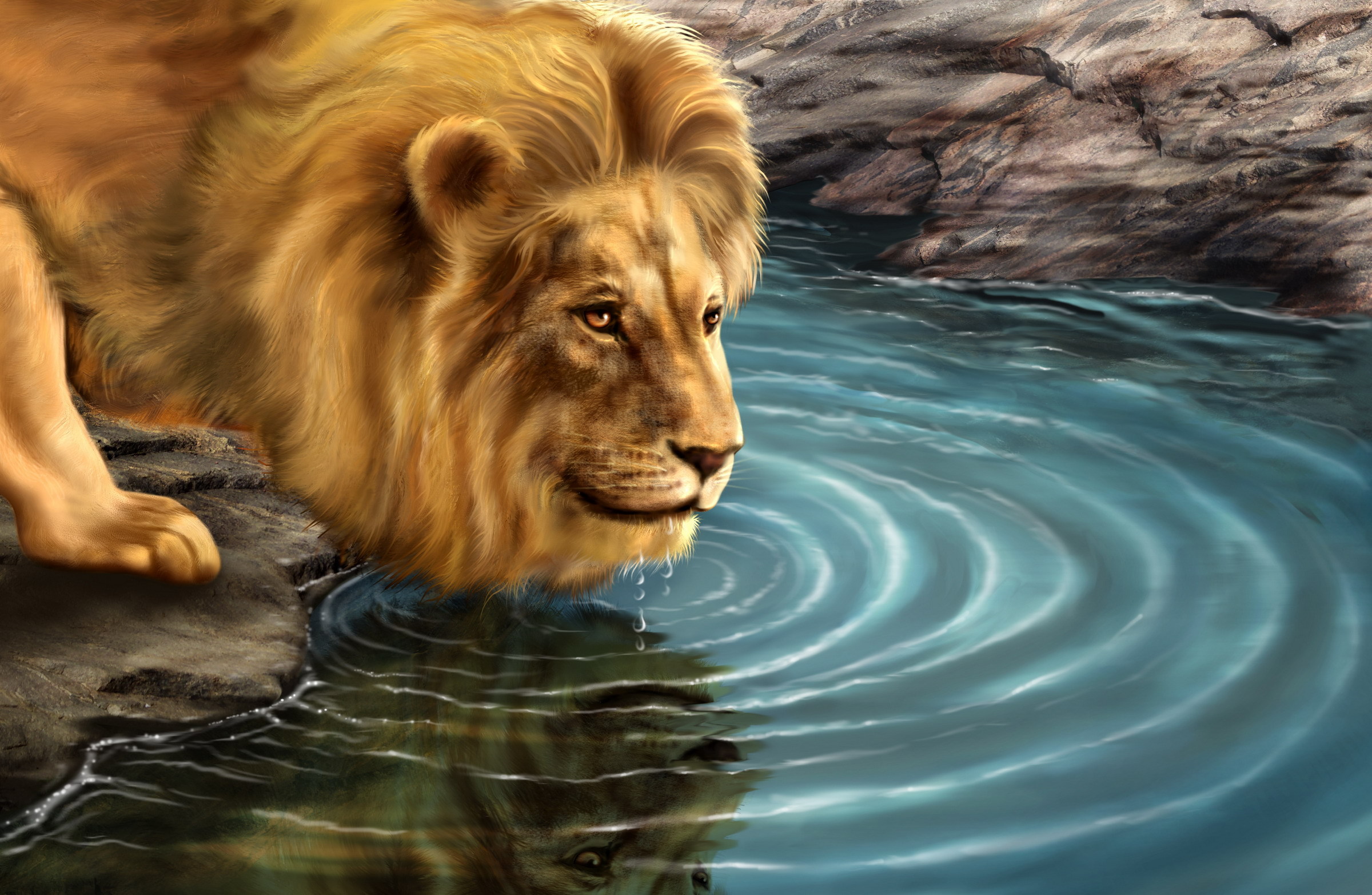 Обои картина, хищник, лев, водопой, picture, predator, leo, drink разрешение 2400x1565 Загрузить