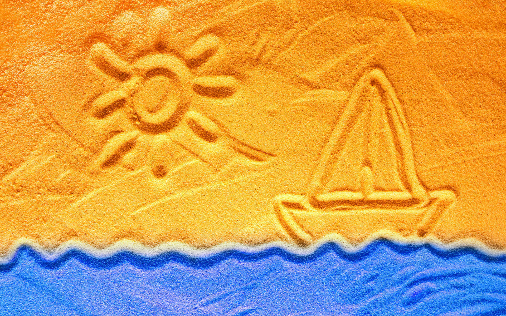Обои рисунок, солнце, волны, песок, парусник, figure, the sun, wave, sand, sailboat разрешение 1920x1200 Загрузить