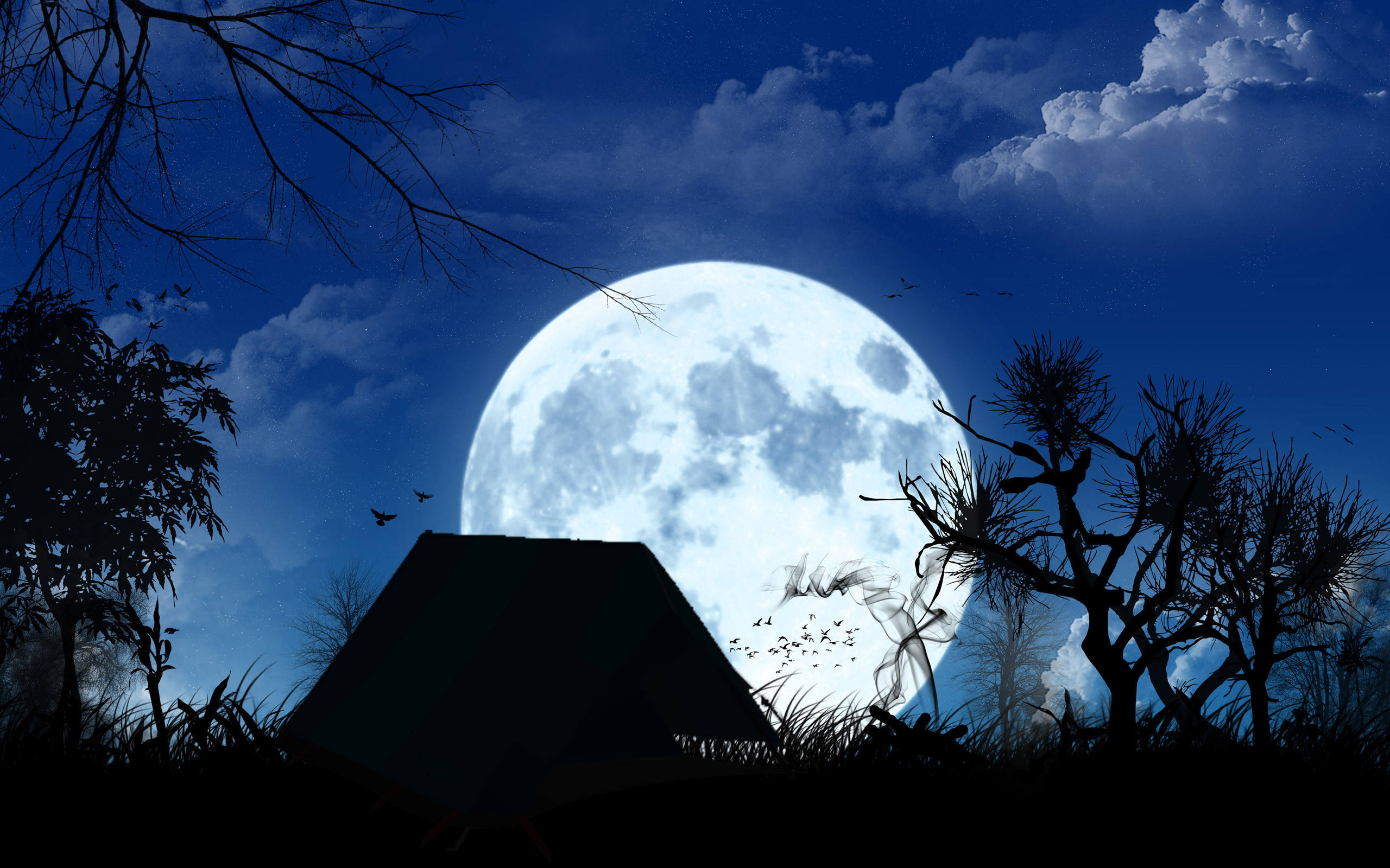 Луна над крышей дома. Луна. Огромная Луна. Лунная ночь. Полнолуние.
