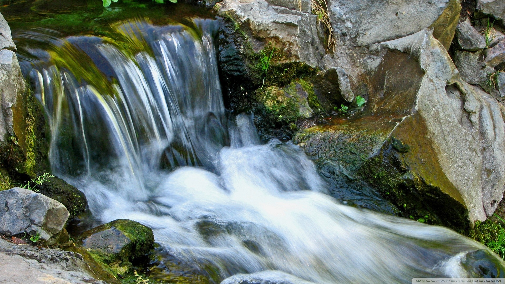 Обои река, камни, ручей, водопад, поток, мох, течение, river, stones, stream, waterfall, moss, for разрешение 1920x1080 Загрузить