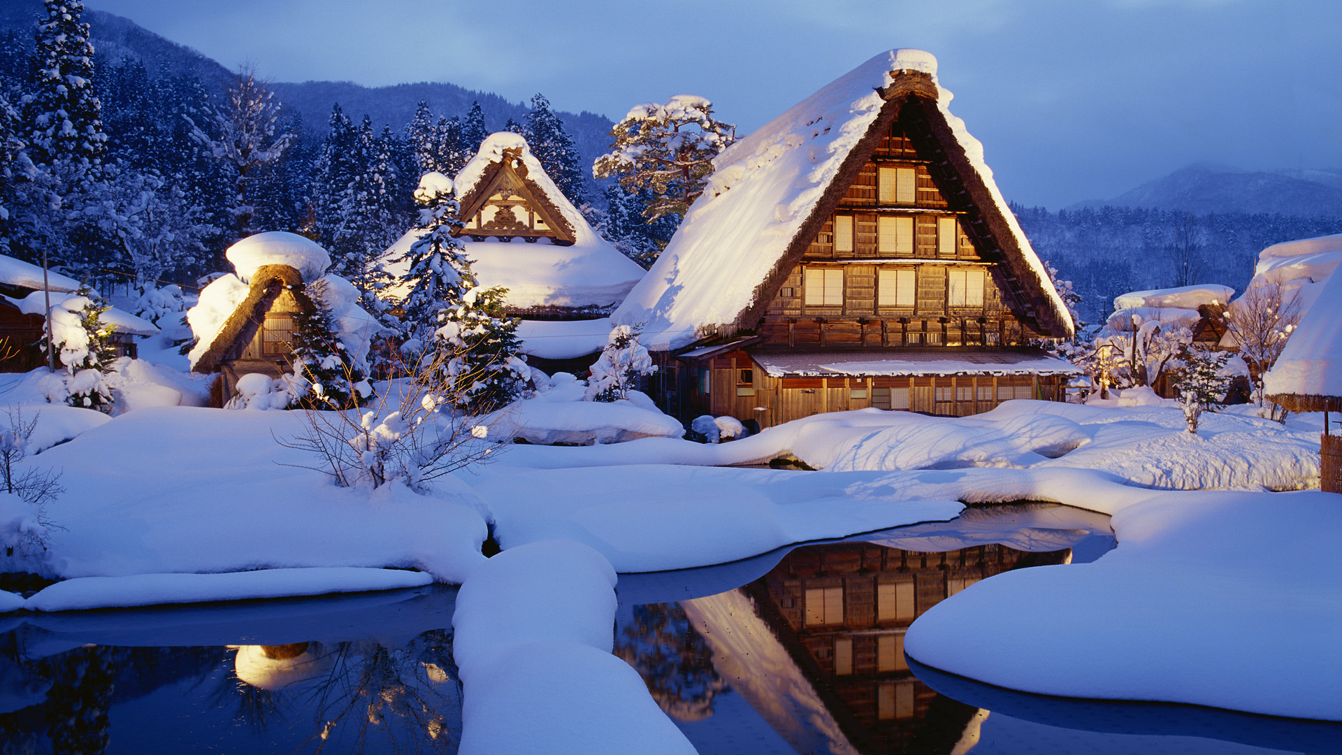 Обои горы, снег, зима, япония, дома, mountains, snow, winter, japan, home разрешение 1920x1080 Загрузить