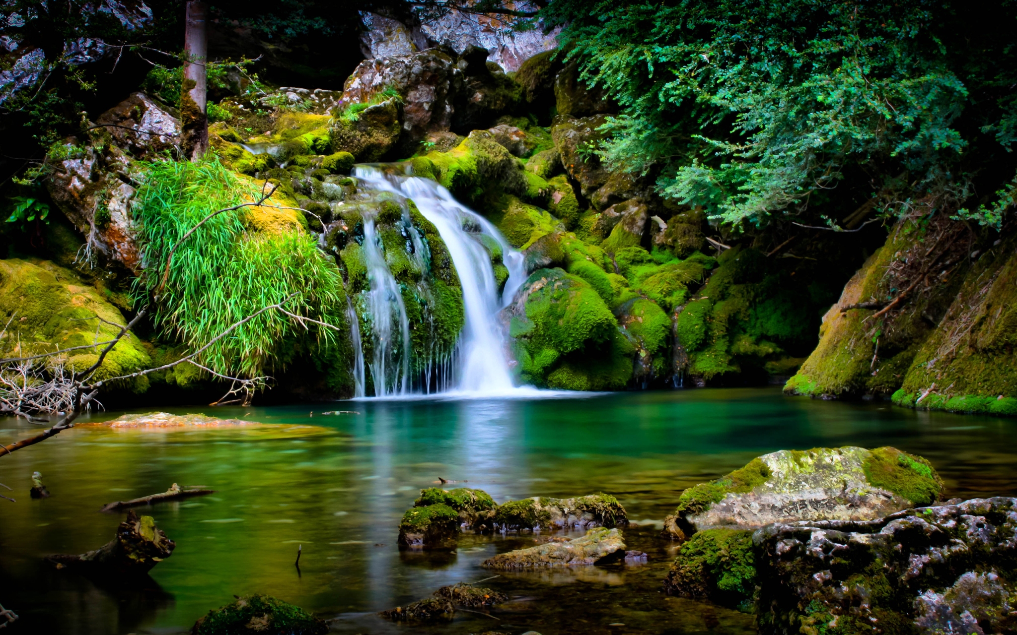 Обои деревья, вода, камни, листья, водопад, мох, trees, water, stones, leaves, waterfall, moss разрешение 2048x1280 Загрузить