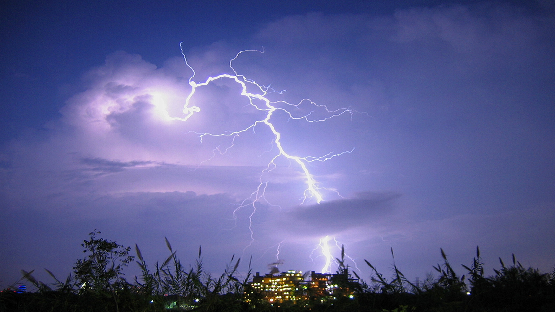 Обои небо, трава, молния, гроза, огни города, the sky, grass, lightning, the storm разрешение 1920x1080 Загрузить