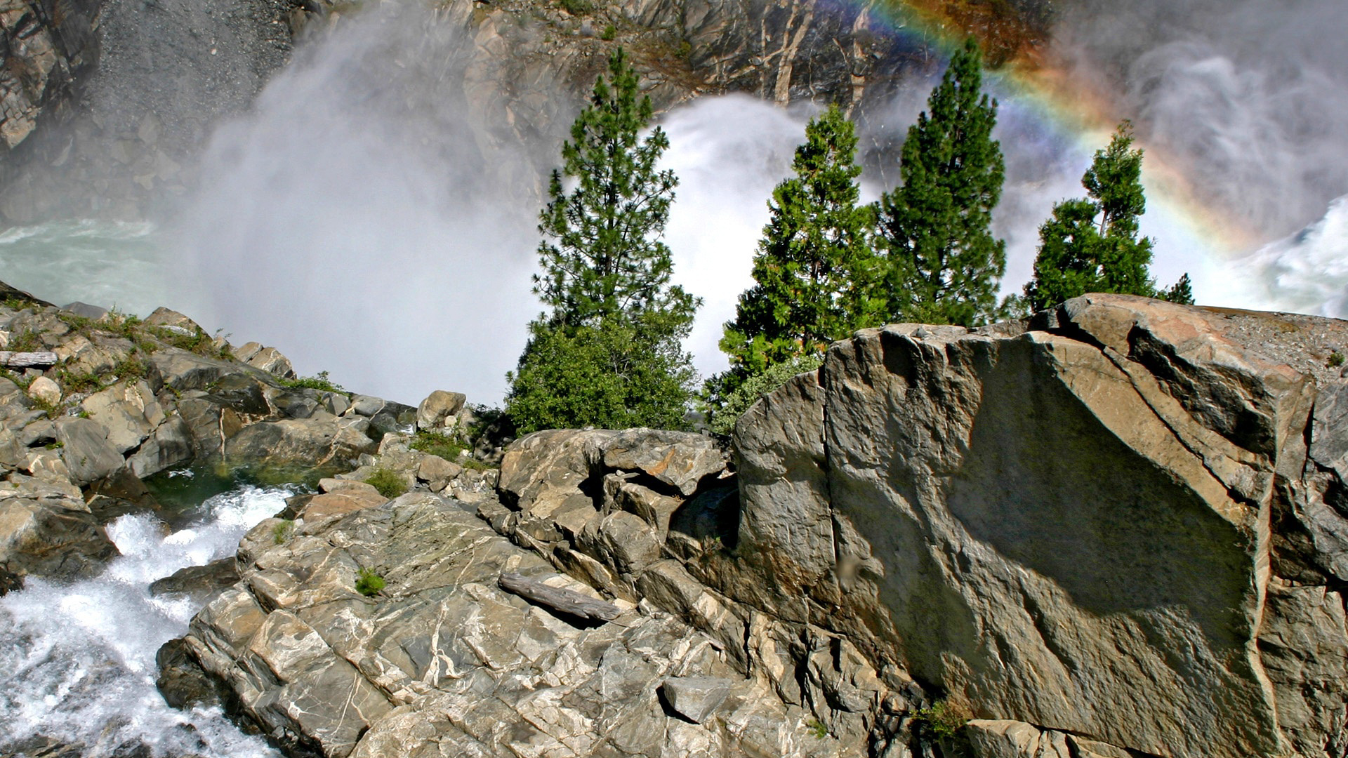 Обои камни, водопад, радуга, глыбы, течение, stones, waterfall, rainbow, blocks, for разрешение 1920x1080 Загрузить