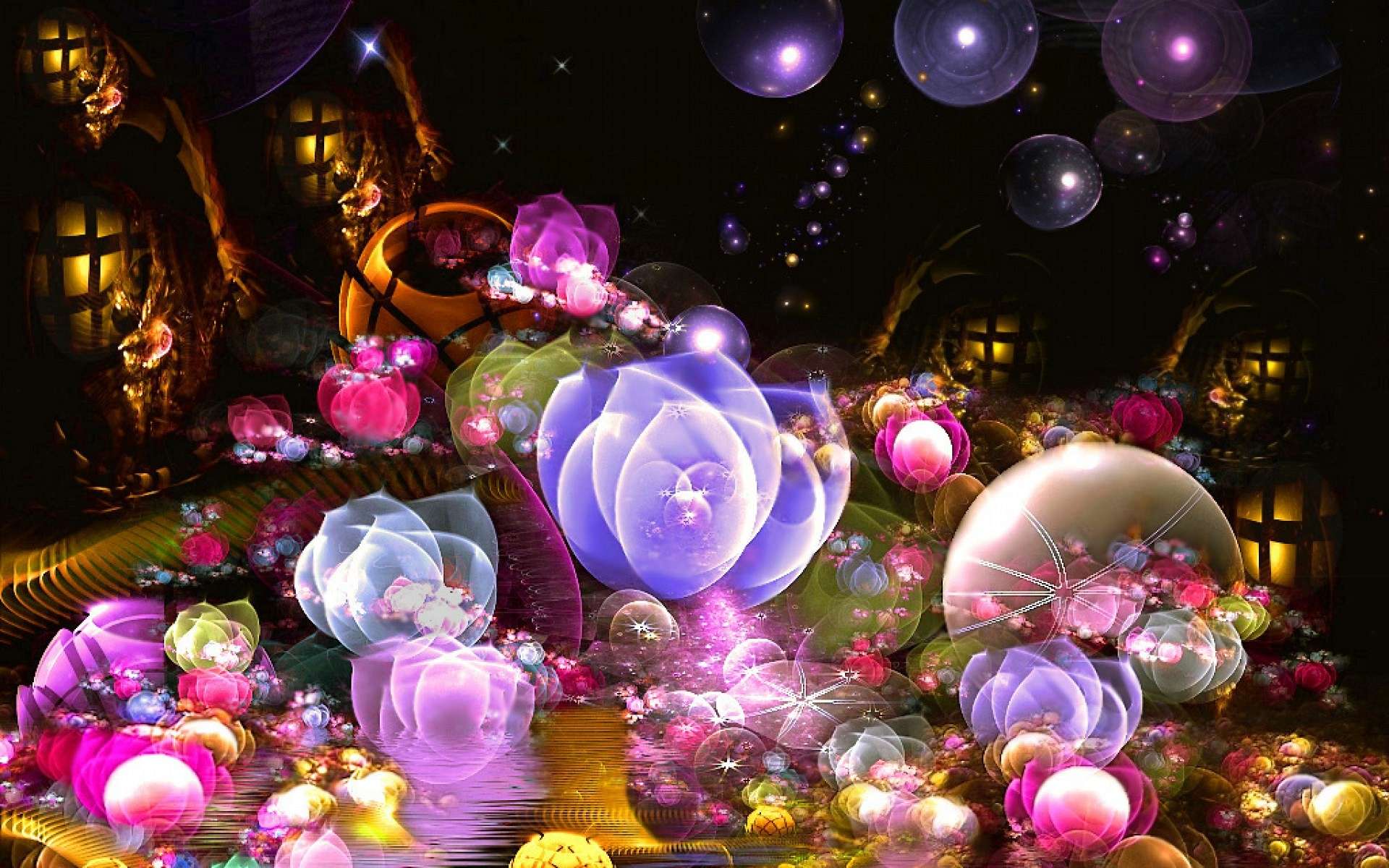 Обои цветы, абстракция, разноцветные, пузыри, фрактал, кувшинки, flowers, abstraction, colorful, bubbles, fractal, water lilies разрешение 1920x1200 Загрузить