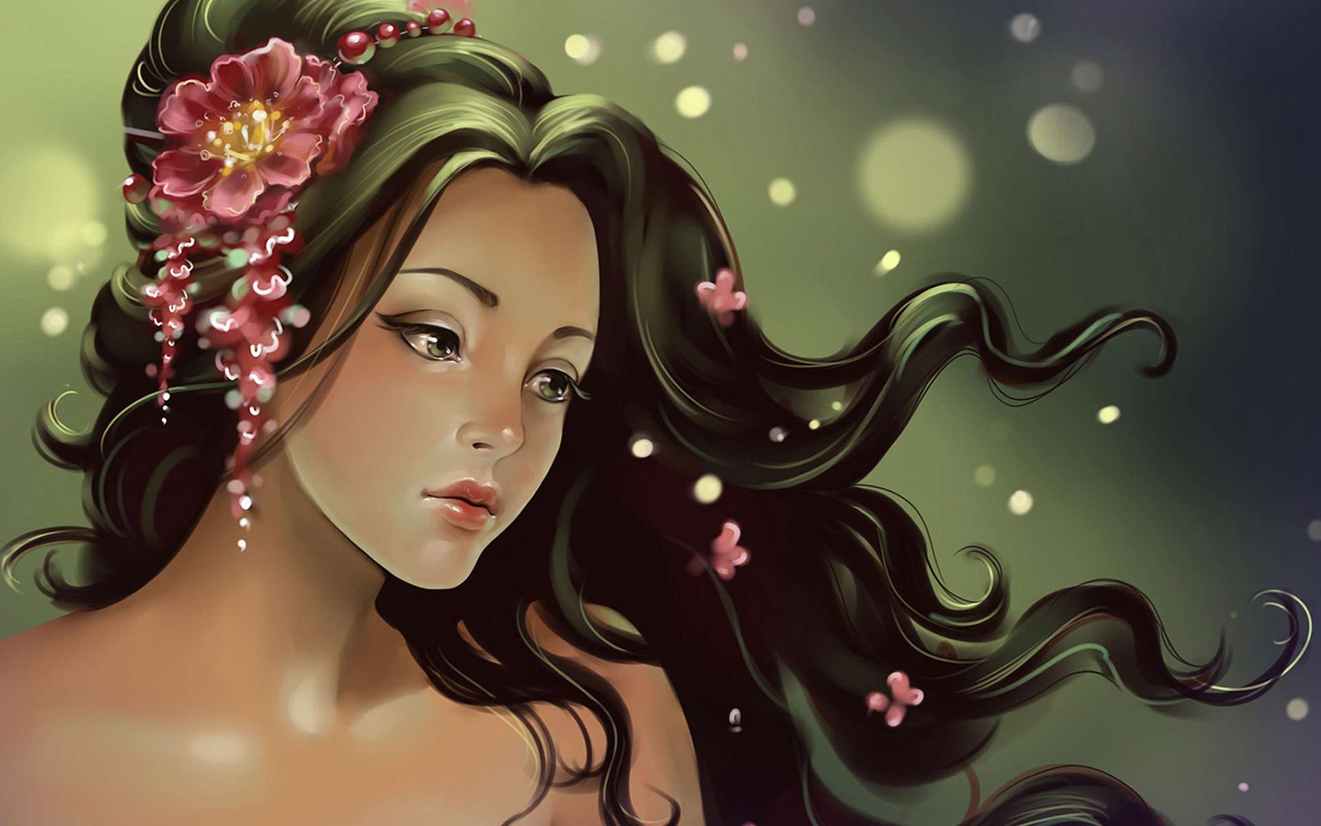 Обои цветы, девушка, волосы, ветер, flowers, girl, hair, the wind разрешение 1920x1200 Загрузить