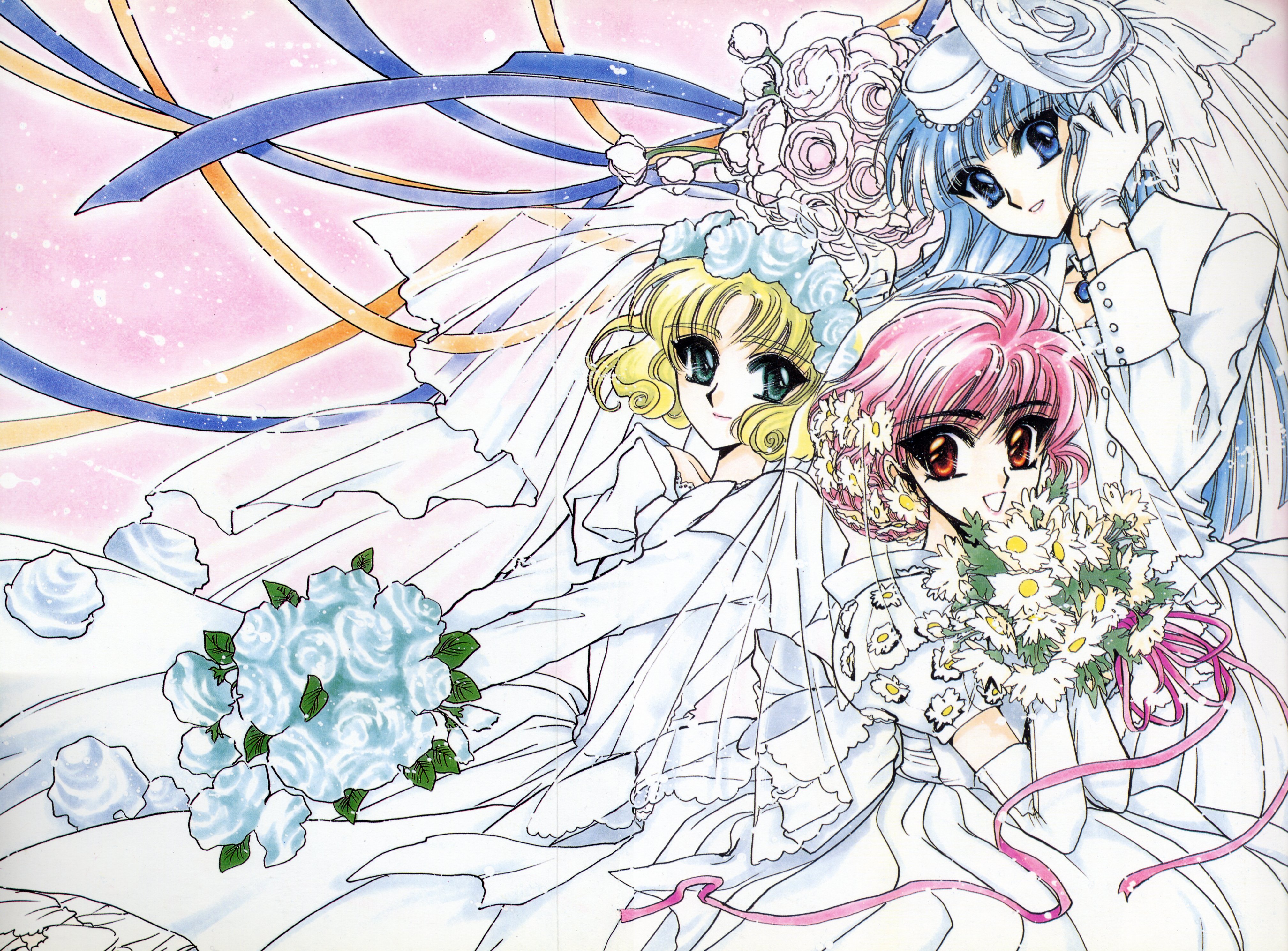 Обои венчание, clamp, hoouji fuu, magic knight rayearth, ryuuzaki umi, shidou hikaru, wedding разрешение 4035x2980 Загрузить