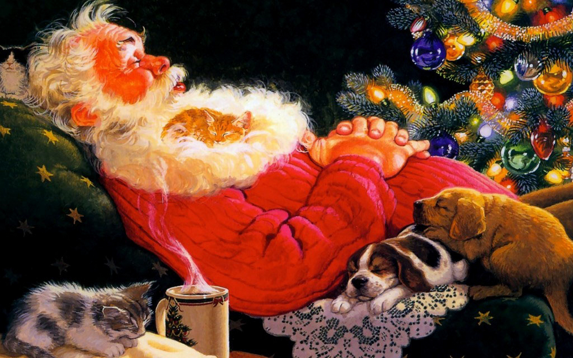 Обои рисунок, щенки, новый год, котята, елка, санта клаус, собачки, зима, котики, спит, дед мороз, кружка, кресло, figure, puppies, new year, kittens, tree, dogs, winter, seals, sleeping, santa claus, mug, chair разрешение 1920x1200 Загрузить