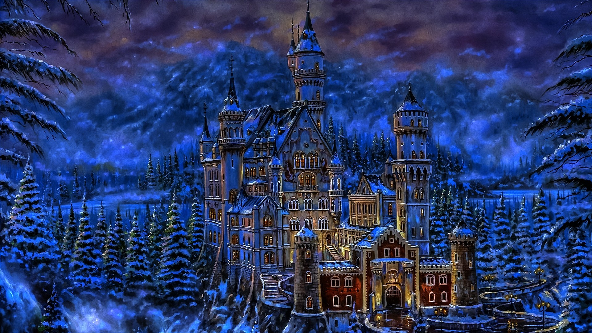 Обои арт, снег, зима, замок нойшванштайн, art, snow, winter, neuschwanstein castle разрешение 1920x1080 Загрузить