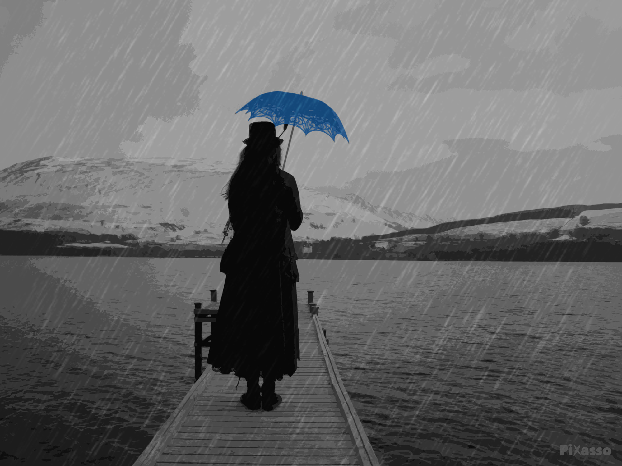 Девушка с зонтиком на пристани скачать