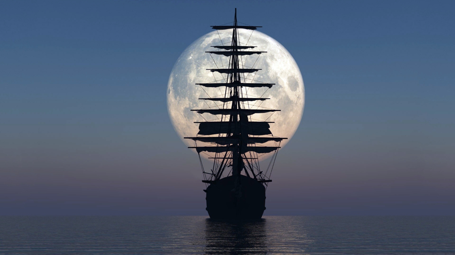 Обои небо, корабль, луна, океан, мачты, 3d-графика, the sky, ship, the moon, the ocean, mast, 3d graphics разрешение 1920x1080 Загрузить