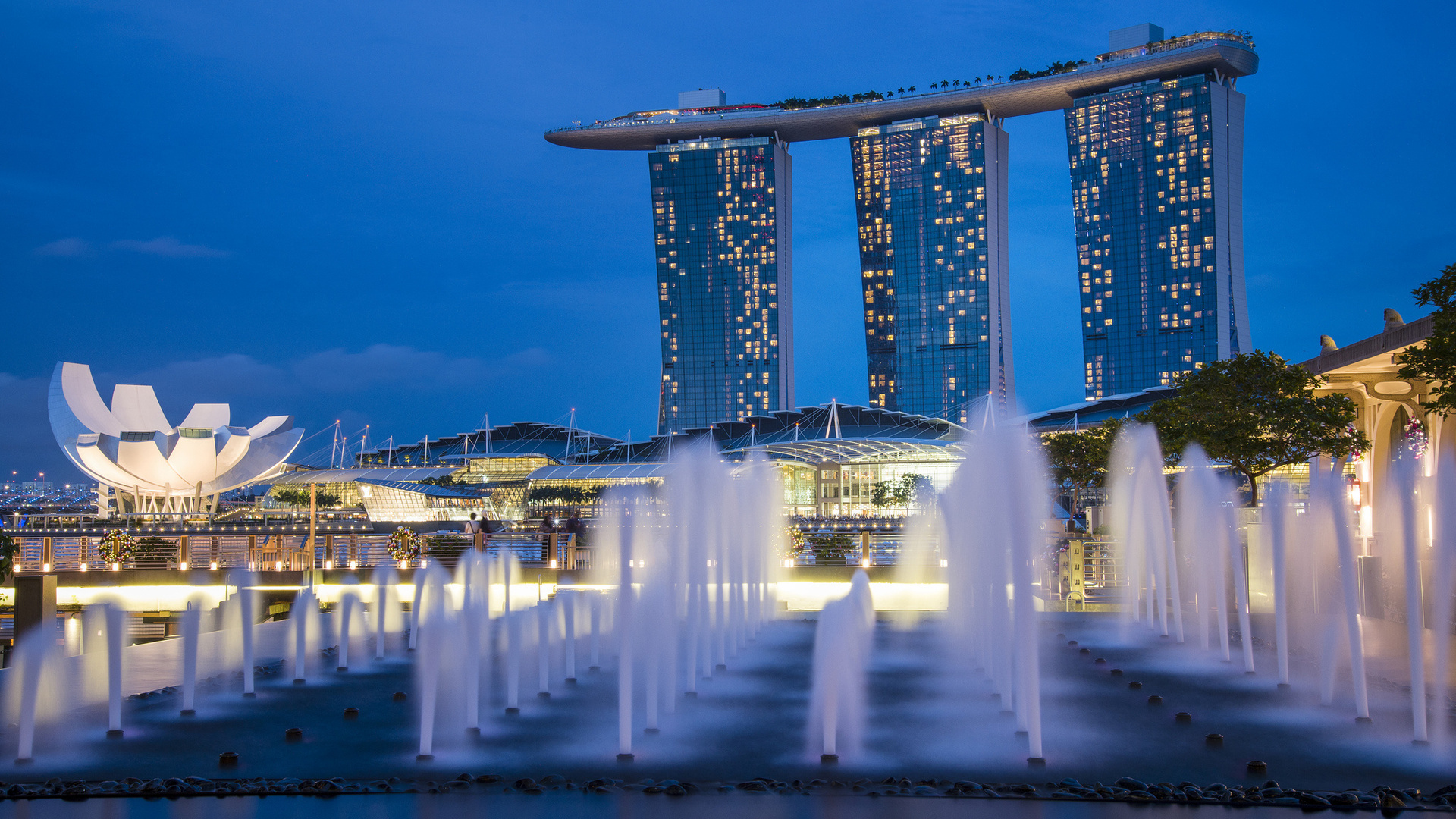 Обои огни, архитектура, голубая, фонтаны, неба, высотки, сингапур, gardens by the bay, ноч, night, lights, architecture, blue, fountains, sky, skyscrapers, singapore разрешение 1920x1080 Загрузить