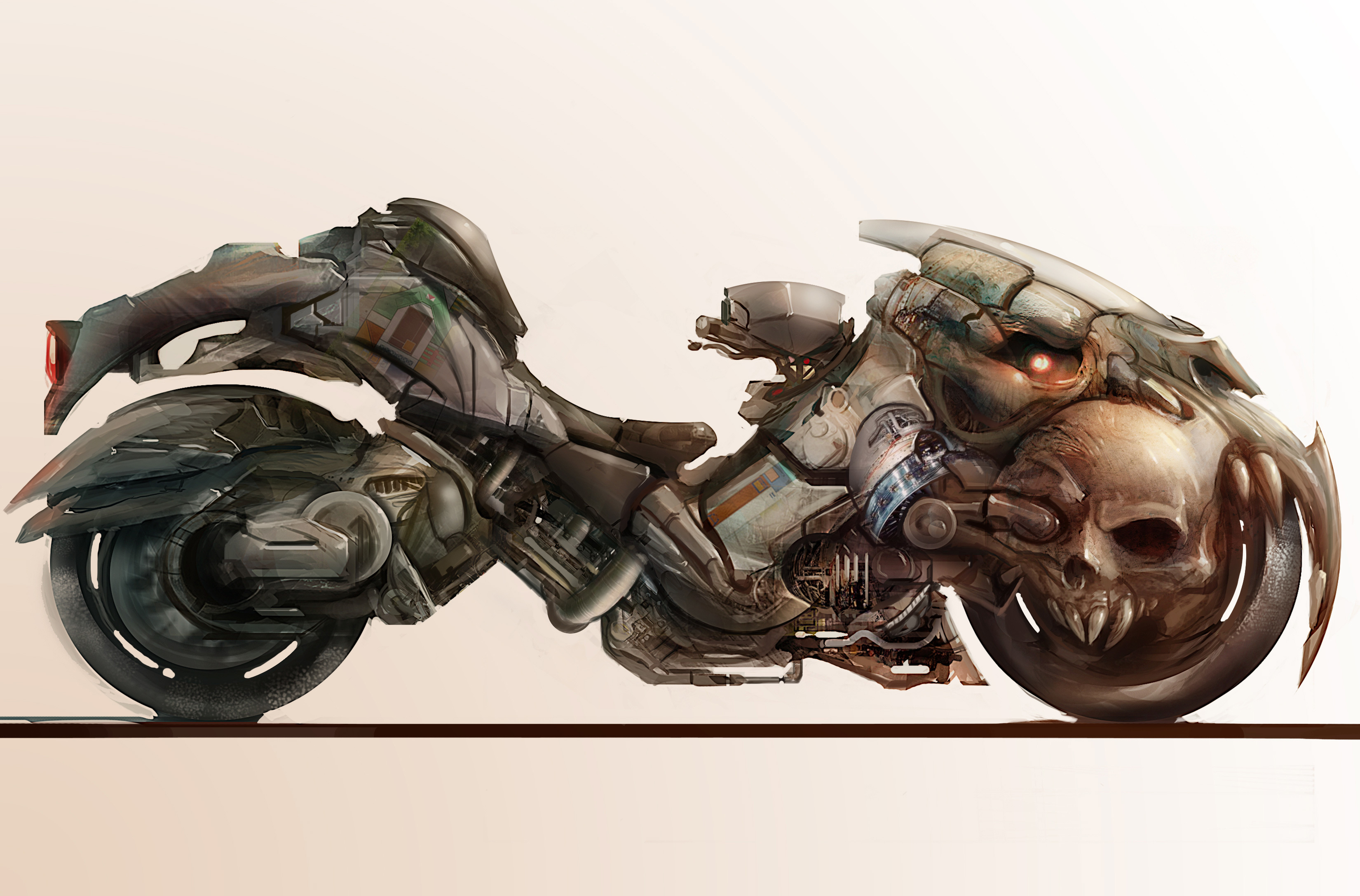 Обои арт, фон, колеса, фантастика, мотоцикл, череп, art, background, wheel, fiction, motorcycle, skull разрешение 3300x2175 Загрузить