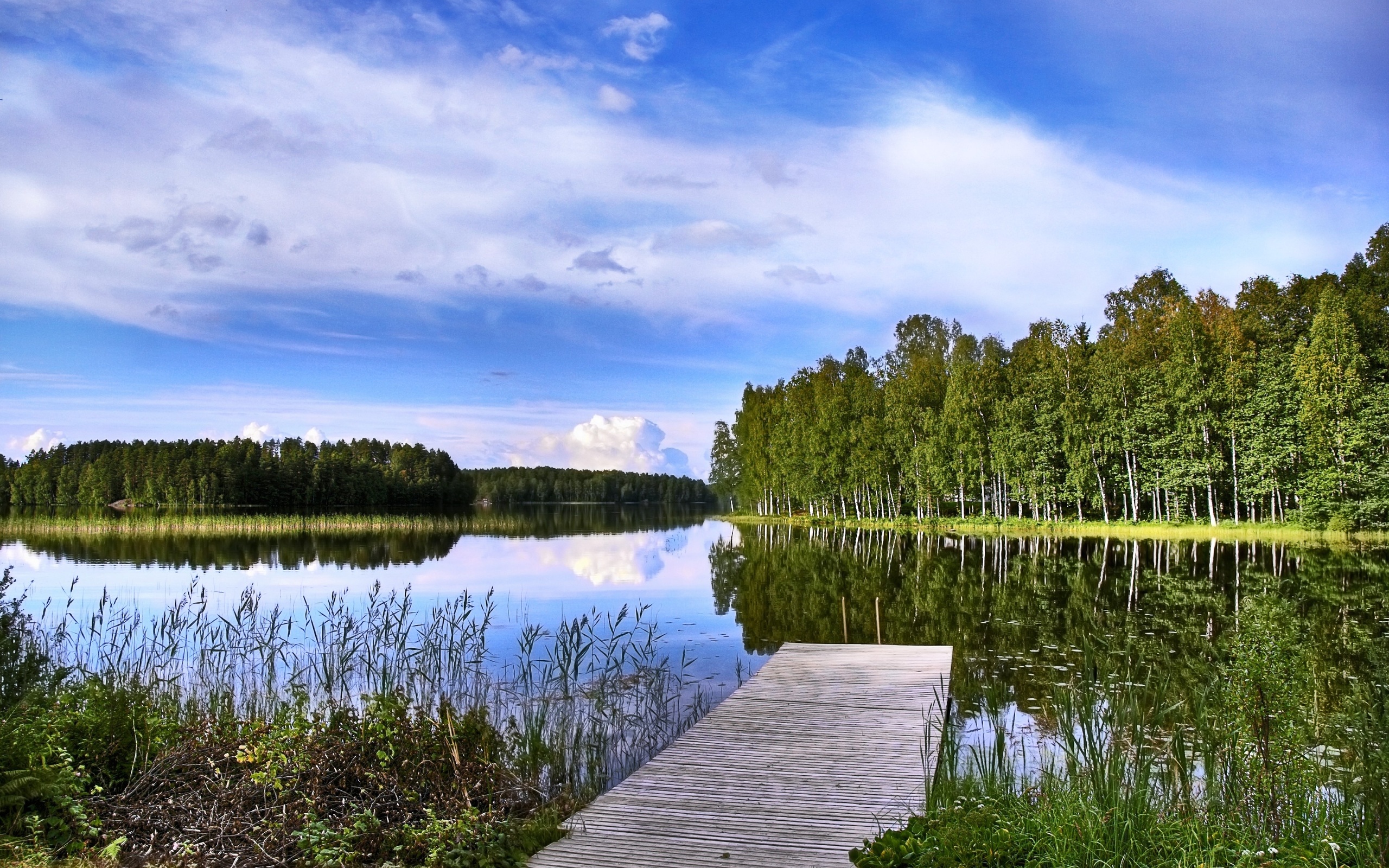 Обои деревья, озеро, мостик, пейзаж, финляндия, trees, lake, the bridge, landscape, finland разрешение 2560x1600 Загрузить