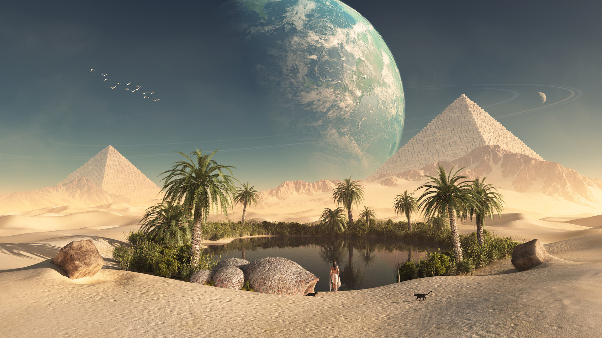 Обои девушка, планета, пустыня, кошки, оазис, girl, planet, desert, cats, oasis разрешение 1920x1080 Загрузить